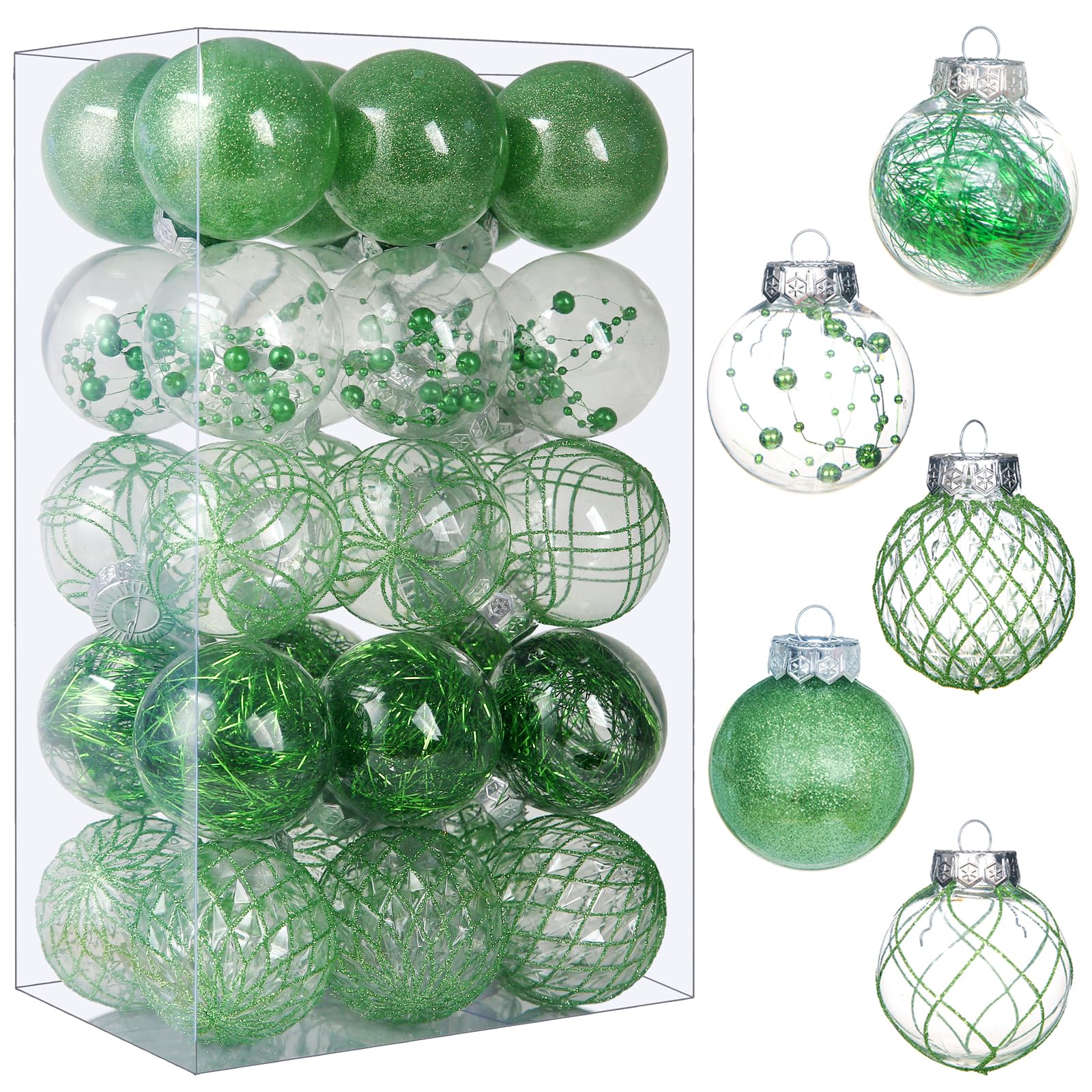 BSTDECOR Clear Christmas Ball Ornaments, 30ct Shatterproof Xmas Ball Decorations 2.36 Inch Green Christmas Decorations for Xmas Tree Hanging Decorative Pet Christmas Baubles Set for Christmas Party