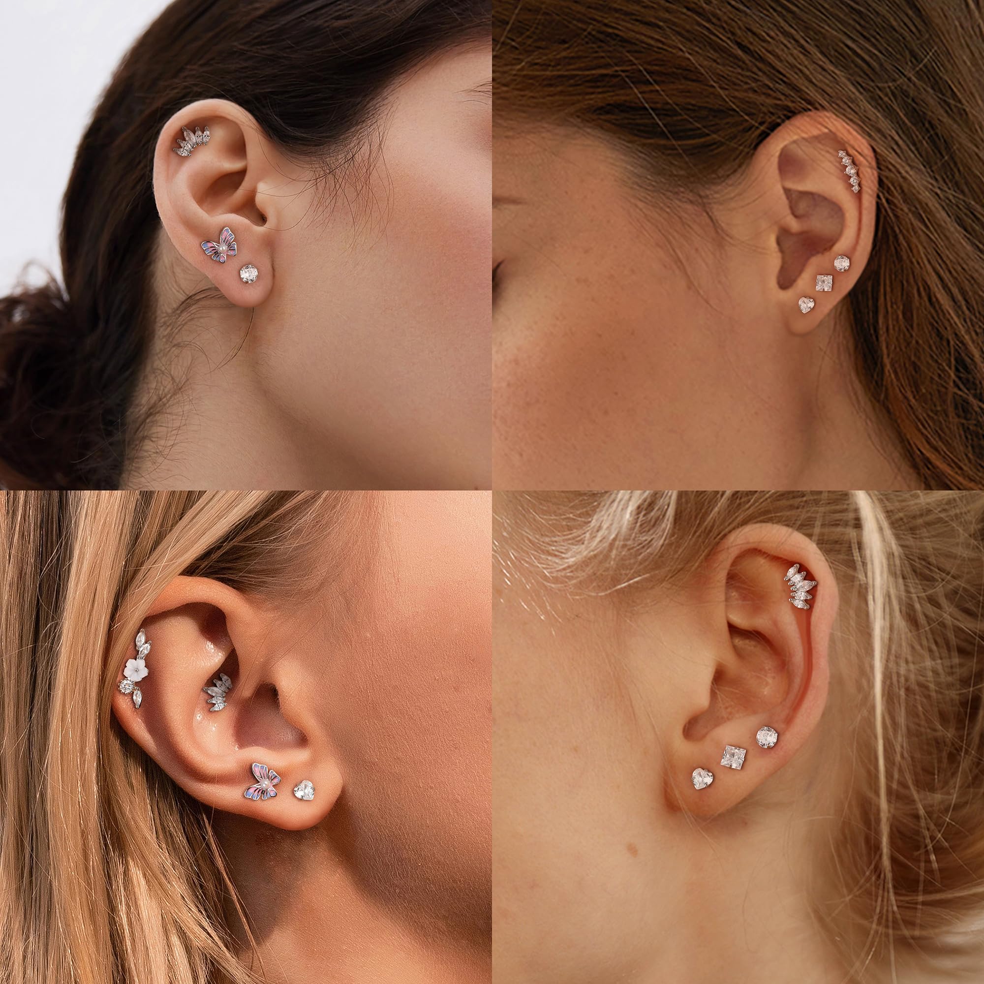 JeweBella 9 Pezzi 16G Orecchini Donna Acciaio Chirurgico Piercing Orecchio Argento/Oro Orecchini Cuore Fiore Set Piercing Orecchio Trago Helix Conch