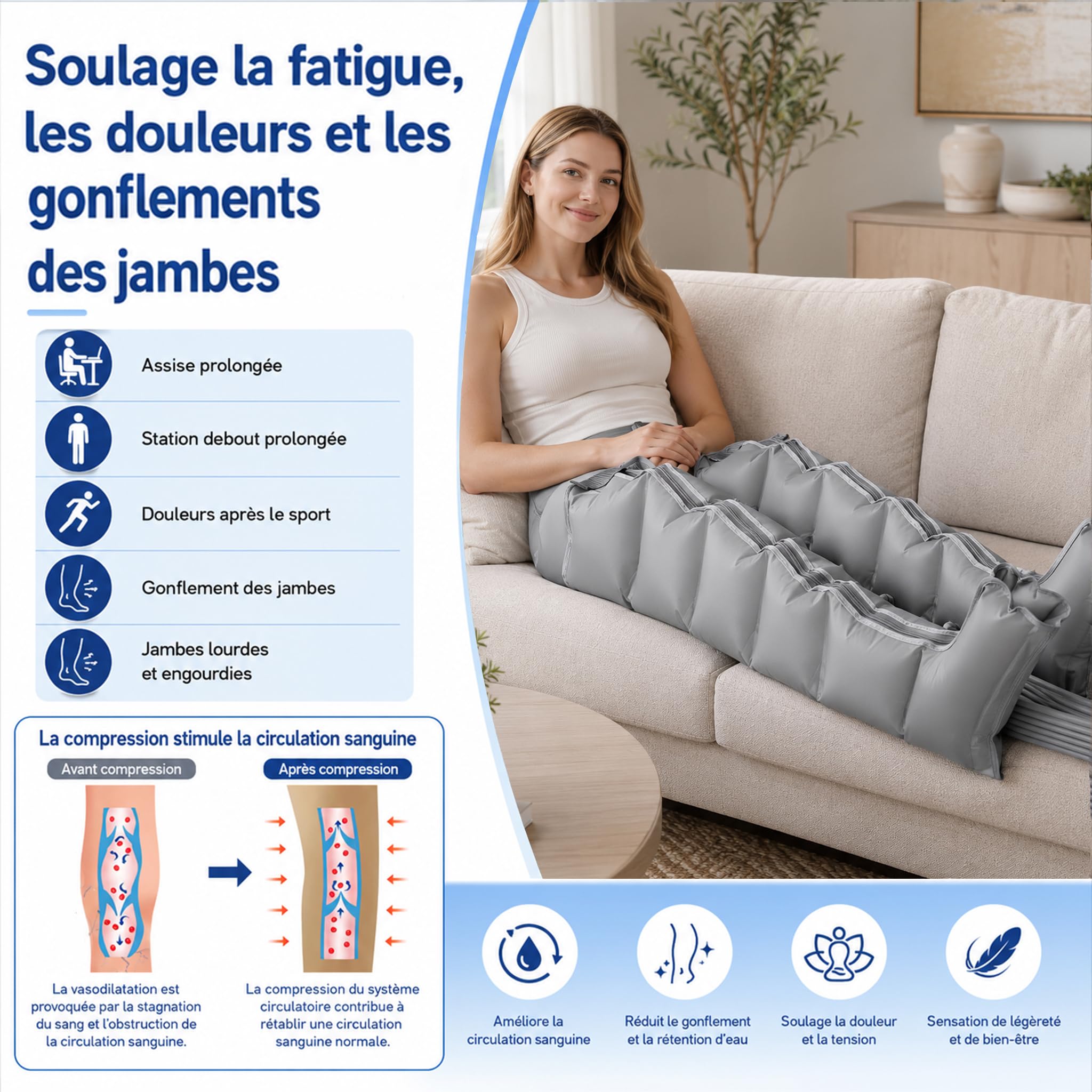 Bottes Pressothérapie Lymphatique, Drainage Lymphatique Jambes 6 Cavités, Minuterie 0-30 Min et Pression 0-240 mmHg Réglables, Diminue Les Gonflements et la Fatigue Chronique