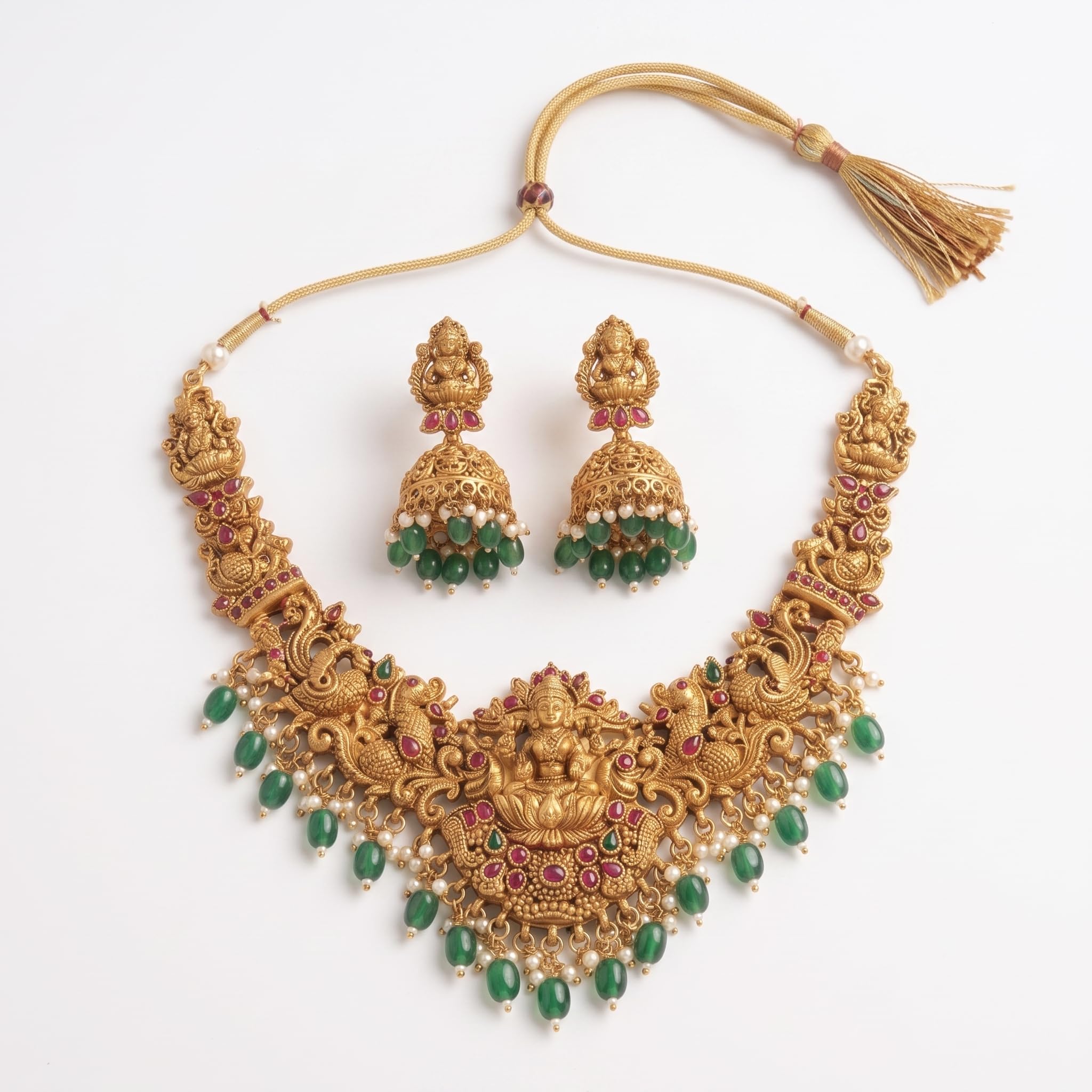 DIKSHA COLLECTION South Indian Temple Jewellery Set | Antique Gold Plated Lakshmi Long Necklace with Green Bead Drops & Jhumka Earrings | Traditional Kemp Stone Bridal Jewellery for Women