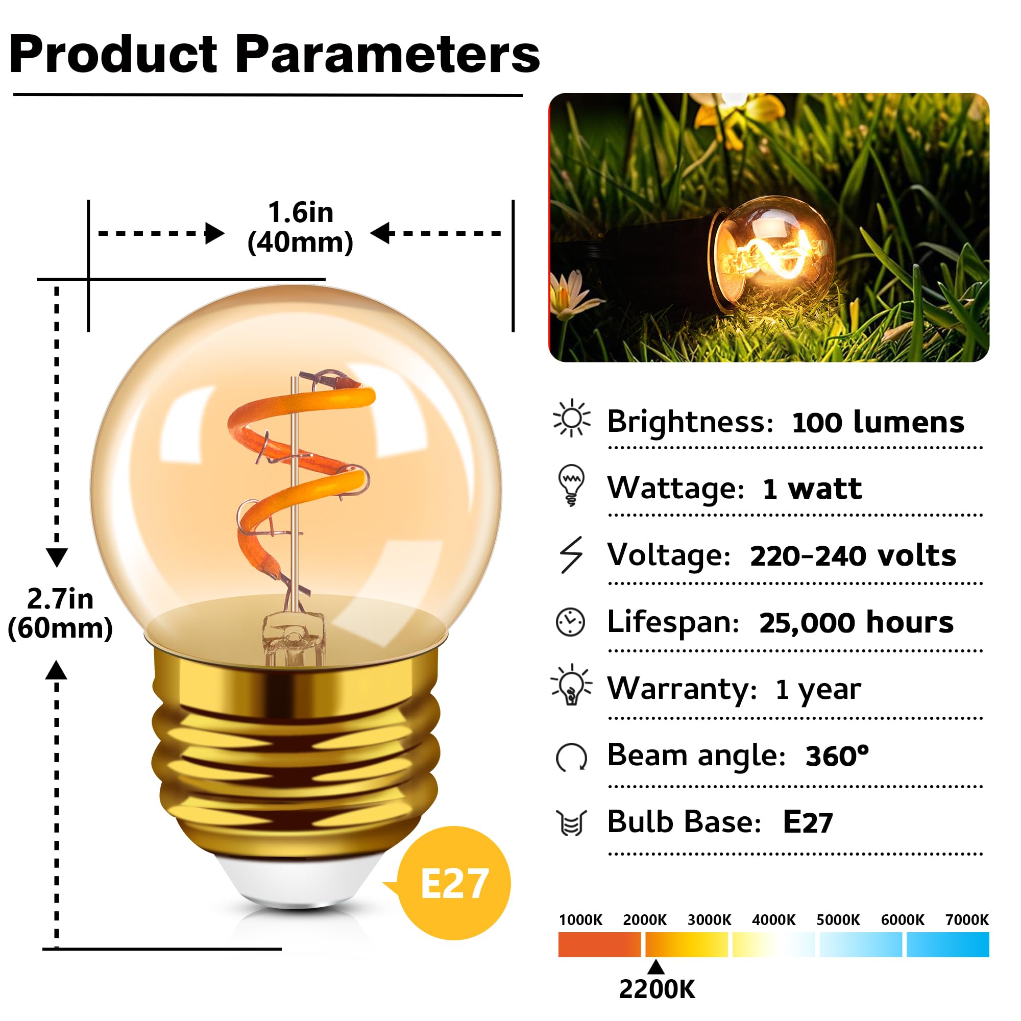 Żarówka Edisona G40 E27 LED w stylu retro, 1 W, żarnik spiralny (15 sztuk)