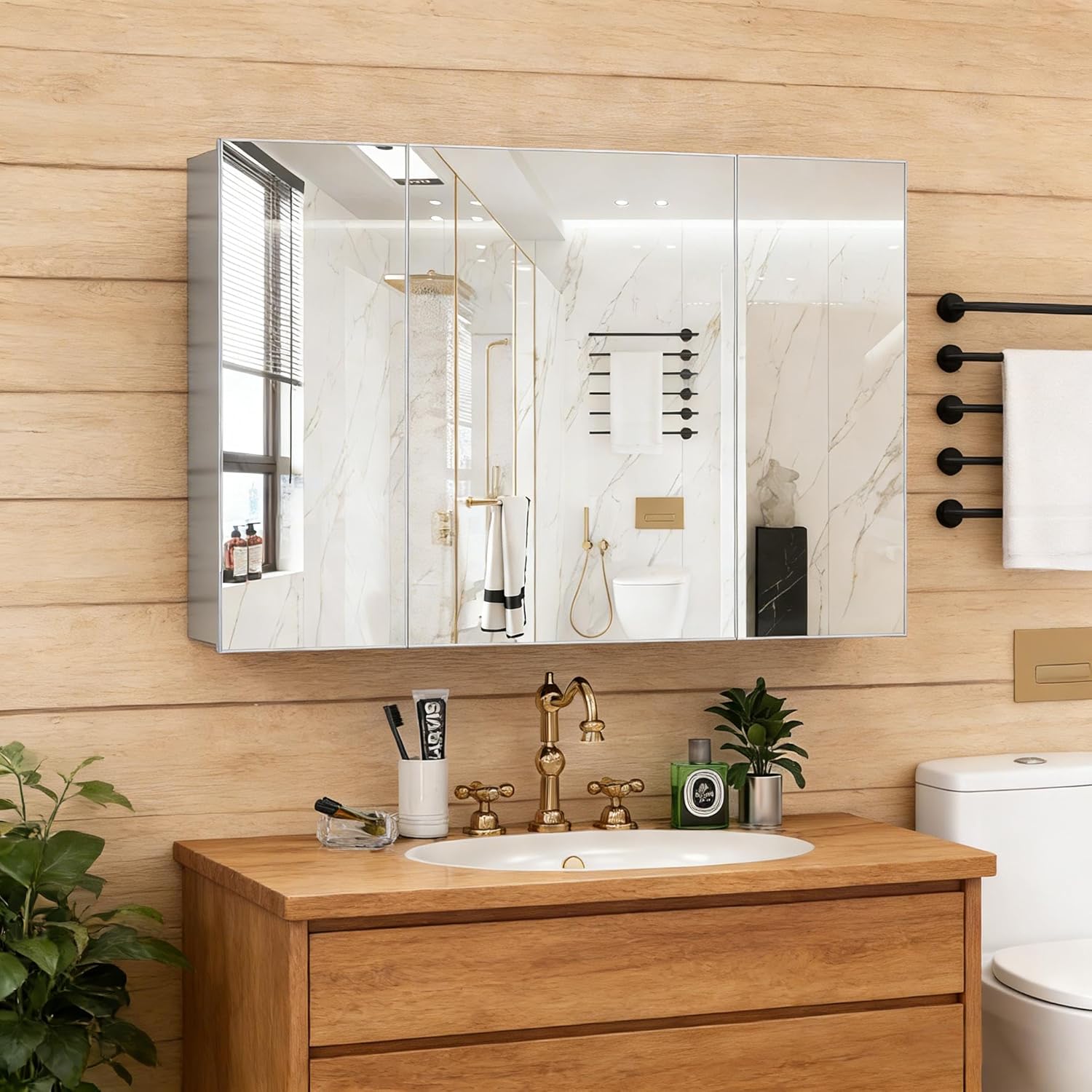 24x40 Inch Bathroom Medicine Cabinet with Mirror, Pre-Assembled Bathroom Medicine Cabinets, Surface/Recessed Wall Mounted Farmhouse Large Medicine Cabinet, Sliver