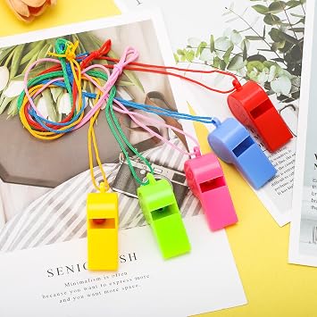 60Pcs Plastic Coach Whistles with Adjustable Lanyard, 5 Colours