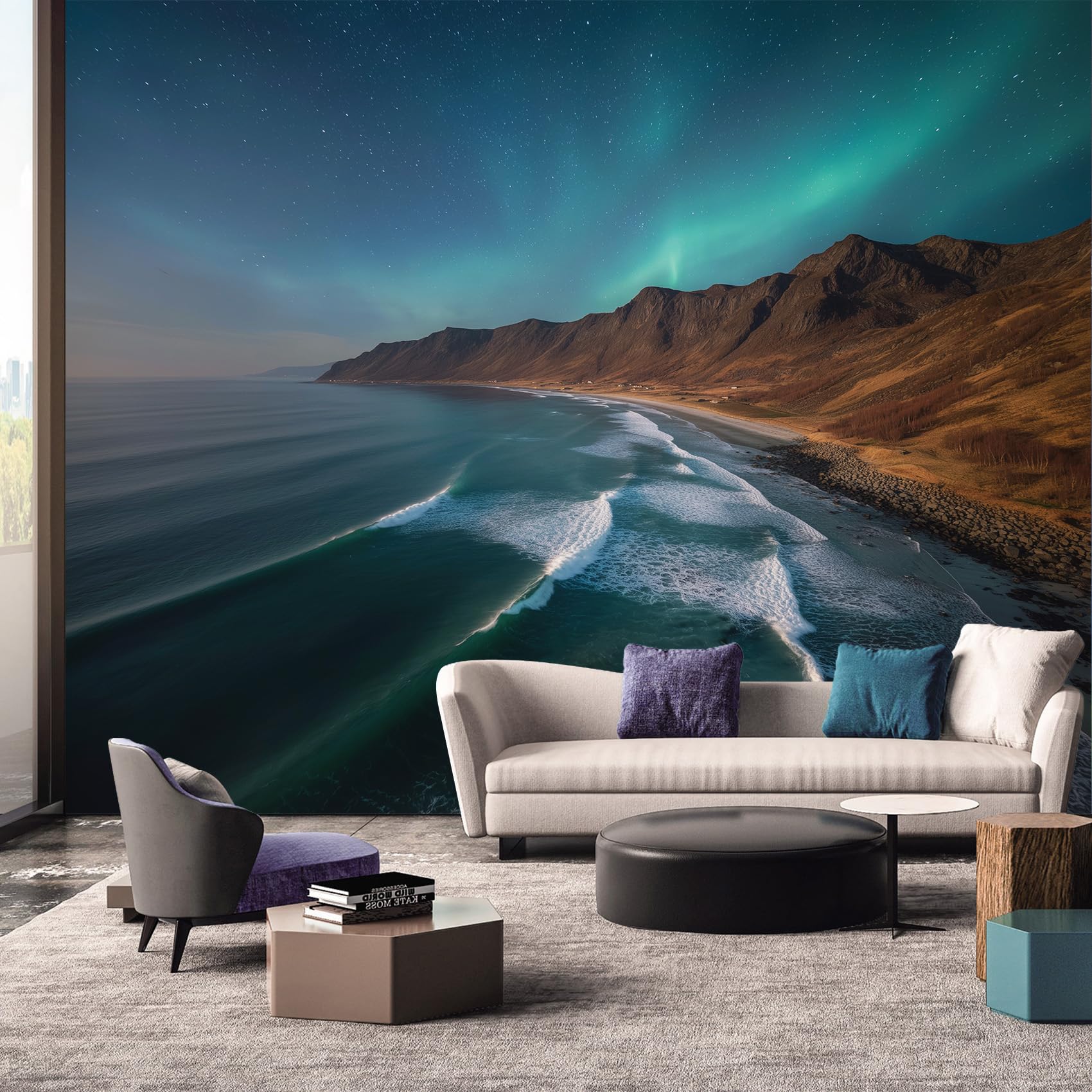 Ocean Wallpaper - Northern Lights Seascape Wall Mural - Wall Murals for Living Room Bedroom - Photo Wallpaper & Home Decor Art - 274 x 254 cm A-4958