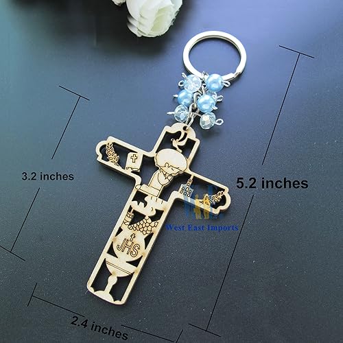 Miniatura 2 de 12 piezas de llavero de madera de primera comunión para niño regalo para invitados recuerdos para Primera comunión con bolsas de regalo, Marrón