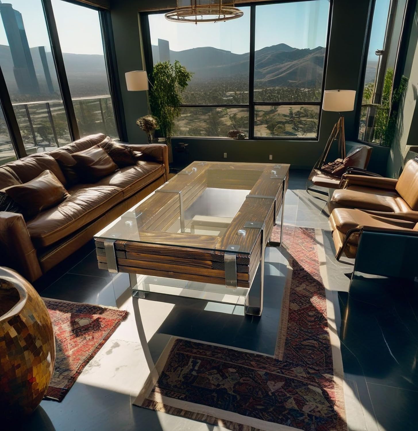 CHYRKA® Coffee table (43.3"x23.6" H=15.8", Natural color) LEMBERG table in the living room made of natural wood solid wood metal glass handmade