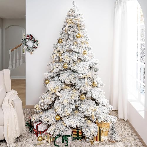 Miniatura 8 de Naomi Home Árbol de Navidad nevado de 6.5 pies con luces, árbol de Navidad esmerilado realista preiluminado con 892 puntas de rama, 450 luces