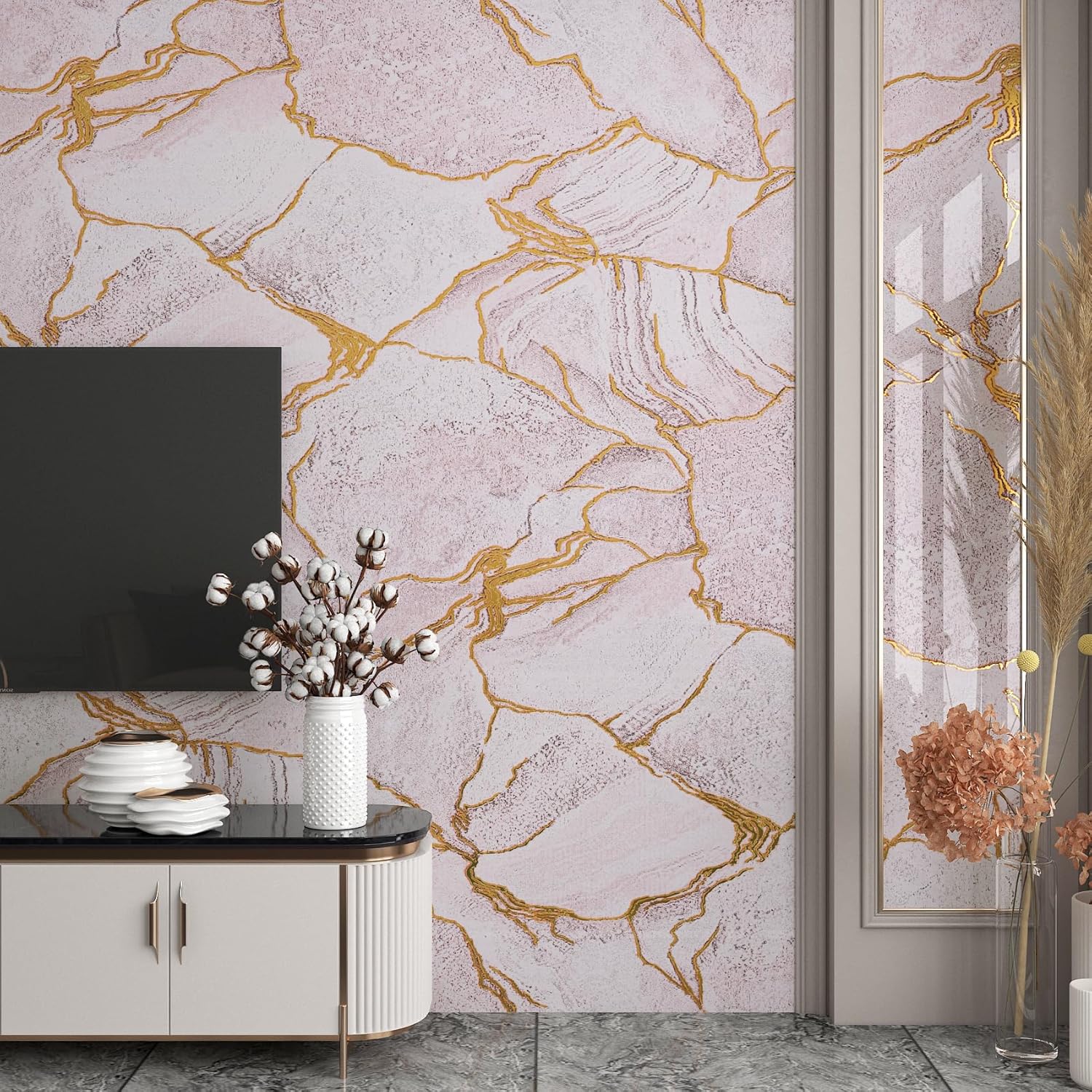 LACHEERY Pink and Gold Marble Contact Paper for Countertops Waterproof Glossy Pink Marble Wallpaper Peel and Stick Countertops Kitchen Vinyl Wrap for Countertop Cabinets Counter Top Covers 15.8"x79"