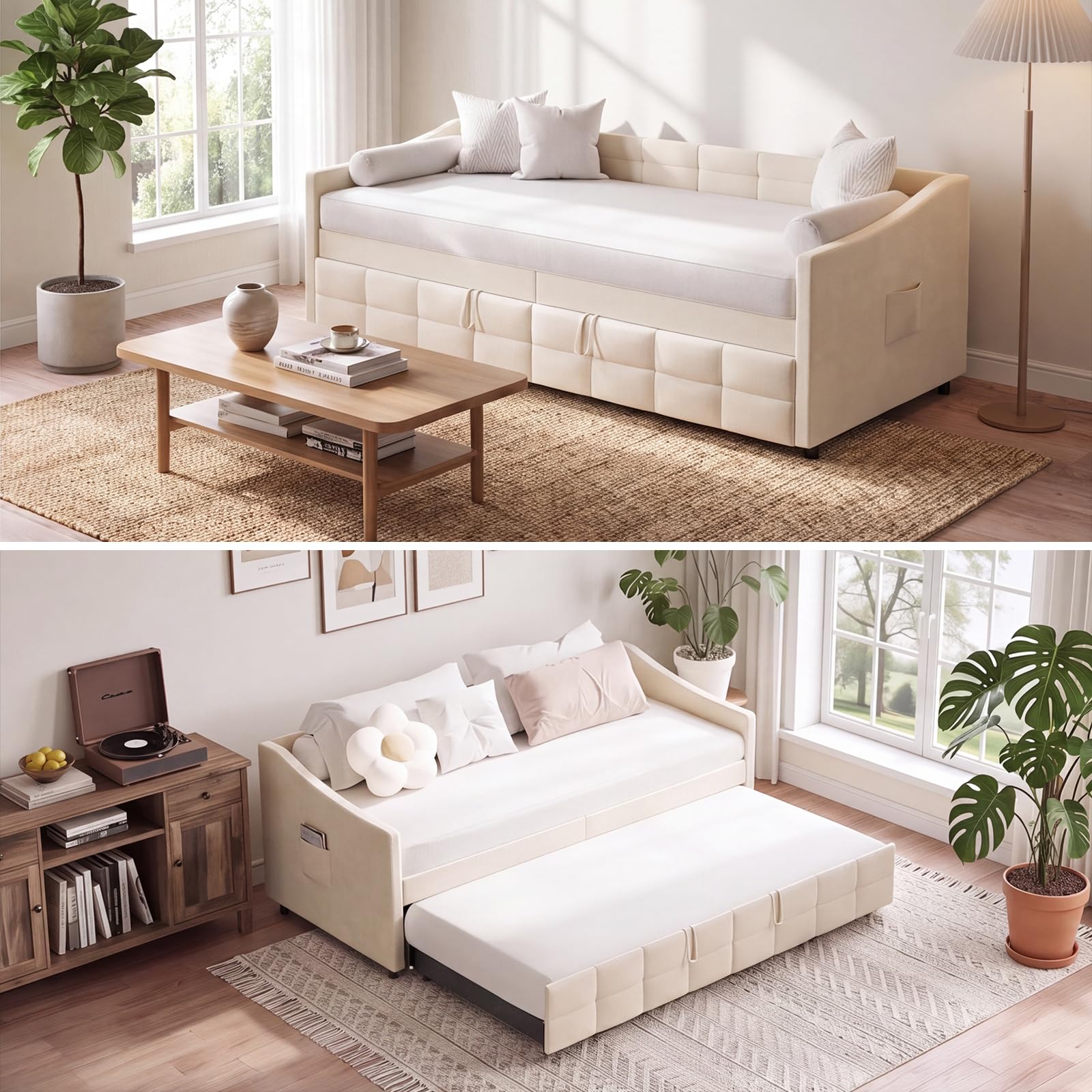 Polsterbett Schlafsofa 90/180x200 cm,Schlafsofa mit Lattenrost Tagesbett Ausziehbar Schlafcouch 2 Personen Doppelbettsofa Sofa mit Schlaffunktion Multifunktionales Sofabett ,ohne Matratze (Beige-B) Küche, Haushalt & Wohnen