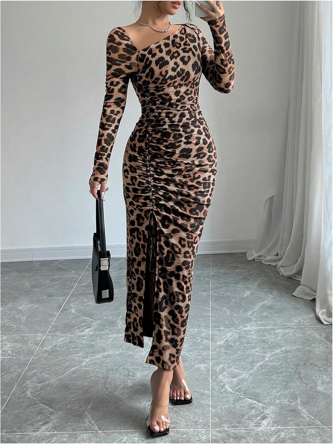 GORGLITTER Women's Maxi Leopard Long Sleeve Birthday Dress Wedding Guest Ruched Holiday Night Out Split Dresses - Image 6