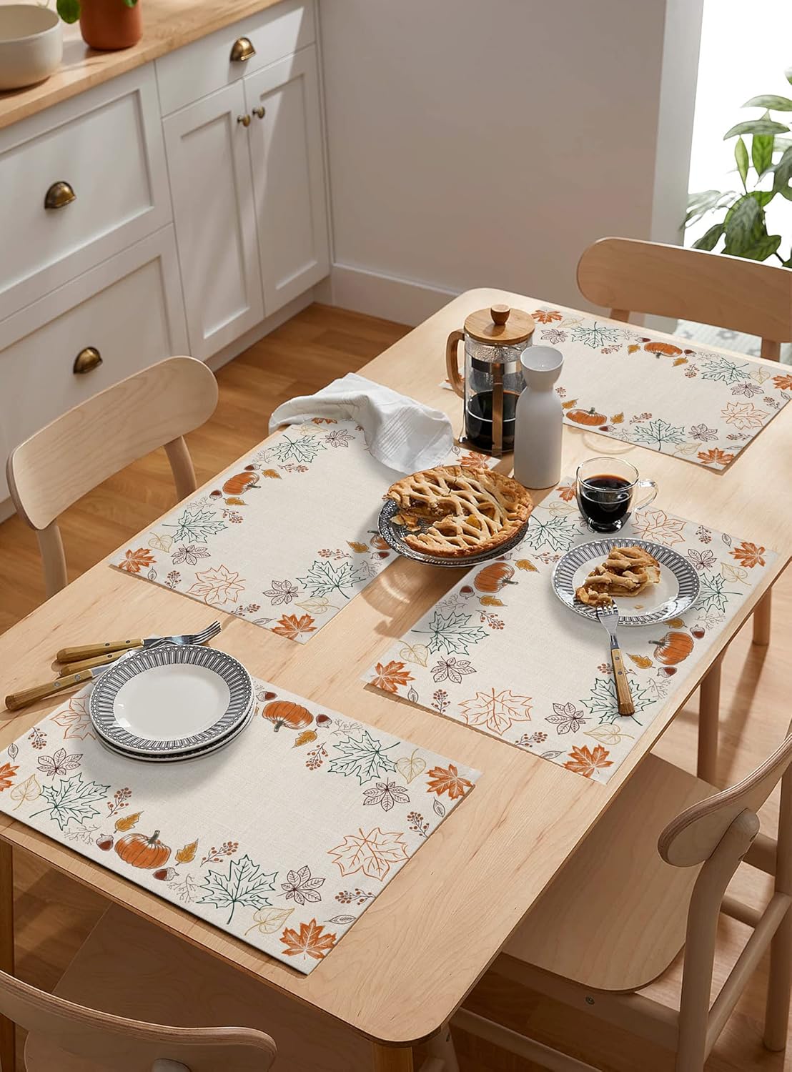 Fall Placemats Set of 4 Pumpkin Pine Cones Maple Leaf Autumn Leaves Thanksgiving Place Mats for Dining Room Dinner Table Washable Table Mats Kitchen Party Decorations