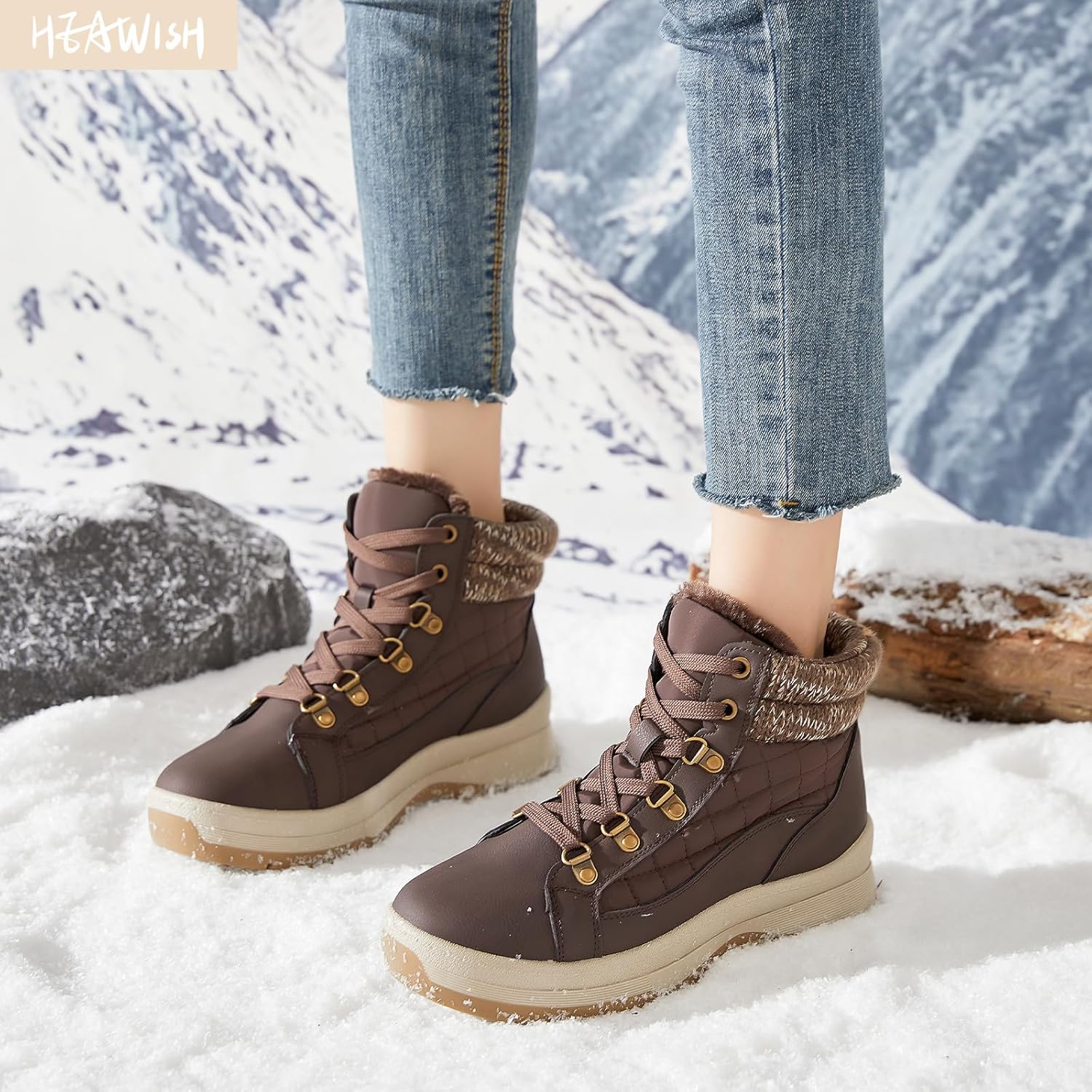 HEAWISH Womens Winter Boots,Brown Non Slip Combat Boots,Warm Fur Lined comfortable Snow Ankle Boot For Women