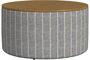 HomePop Modern Fabric Round Storage Ottoman with Wood Top