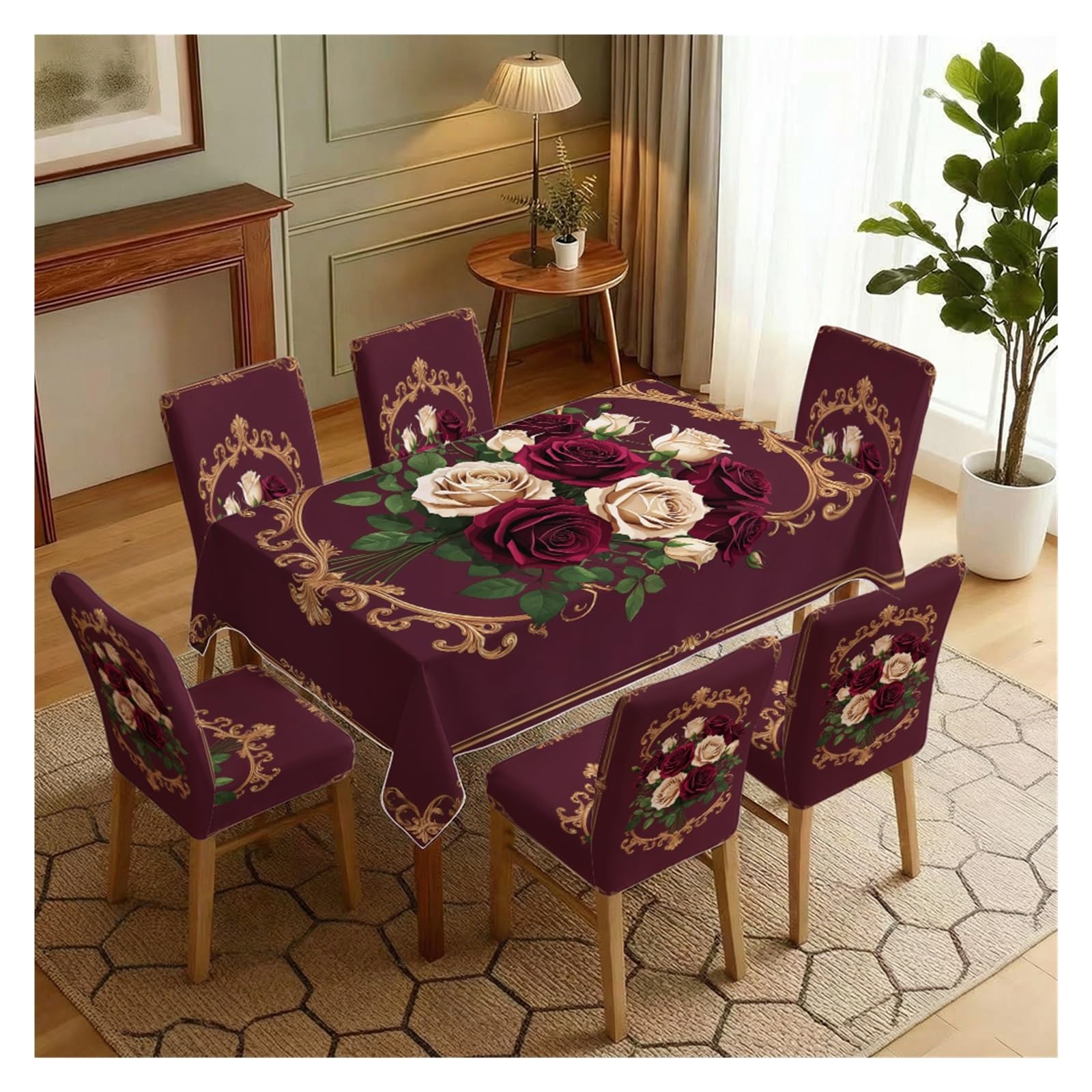 KXUAUV Burgundy Rose & Gold Baroque Print Tablecloth & Chair Covers Set, Slipcovers For Dining Room, Kitchen, Wedding & Romantic Decor, 5/7 Pack Party Decor(7pcs Set: Tablecloth+Chair Covers)