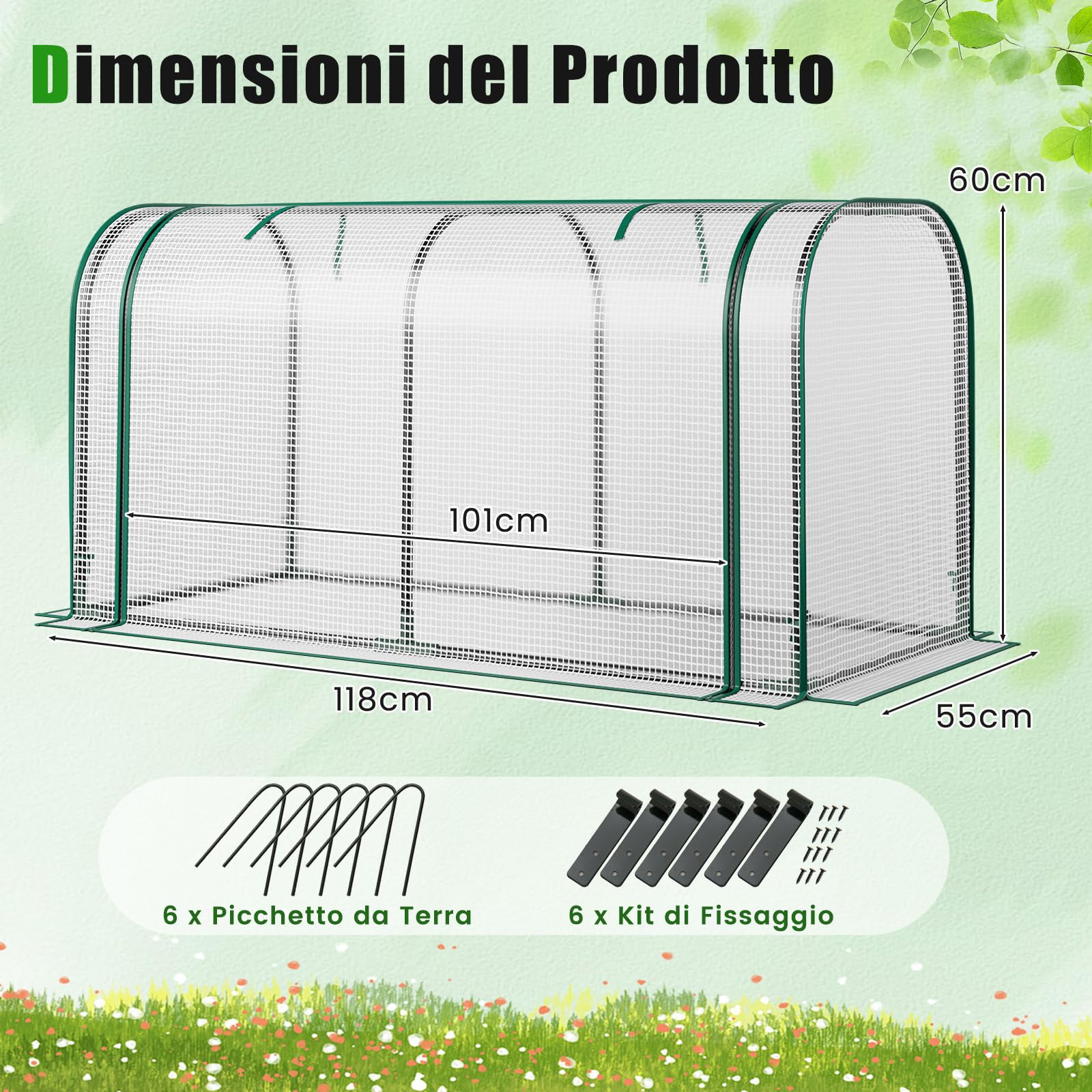 COSTWAY Mini Serra 118 x 55 x 60 cm, Serra con Copertura Impermeabile e Protettiva dal Sole in PE, Struttura Metallica Resistente alla Ruggine e Porta con Cerniera Arrotolabile (Bianco)