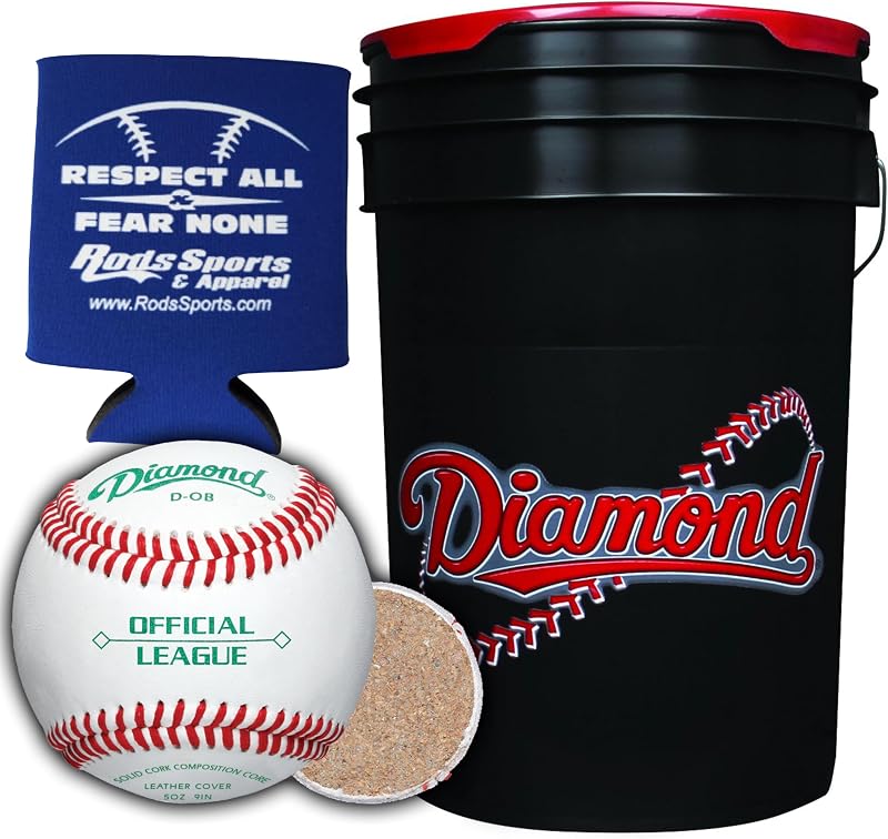 Diamond D-OB Baseballs 30 DOB Balls 6-Gal Black Bucket w/Rods Can Sleeve | Leather Cover. Cushion Cork Center. Practice Ball. Youth Game Ball. Coaches & Parent Cushion Lid Bucket.
