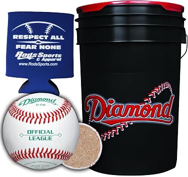 Diamond D-OB Baseballs 30 DOB Balls 6-Gal Black Bucket w/Rods Can Sleeve | Leather Cover. Cushion Cork Center. Practice Ball. Youth Game Ball. Coaches & Parent Cushion Lid Bucket.