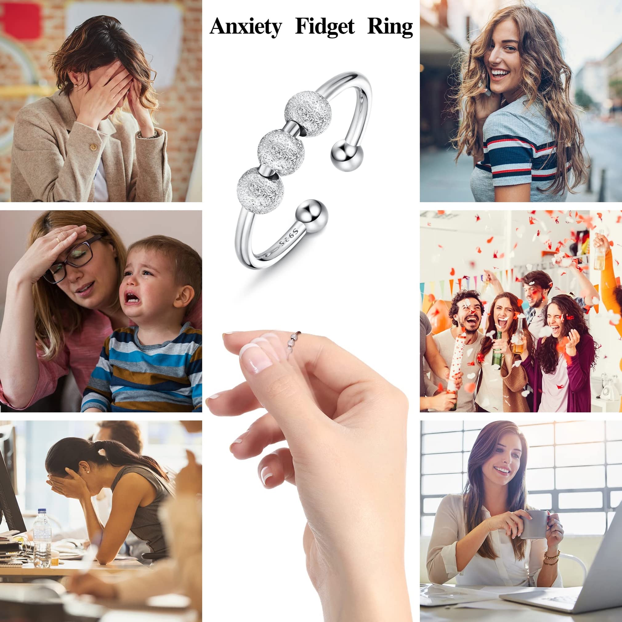 WBDWWTD Angstring für Frauen, 925er Sterlingsilber-Ring, Fidget-Ring, Stressabbau, Spinner-Perlenring, verstellbare offene Fidget-Spinner-Ringe