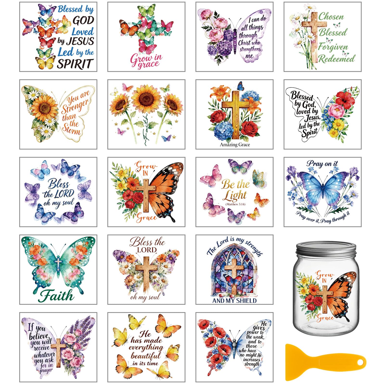 GLOBLELAND 18 Sheets Butterflies Flowers Words Transfer Stickers 3.9x3.6inch Colorful Bible Text Transfer Decal Rub on Transfer for Cup Decal Vase Glass Art Crafts Decorations