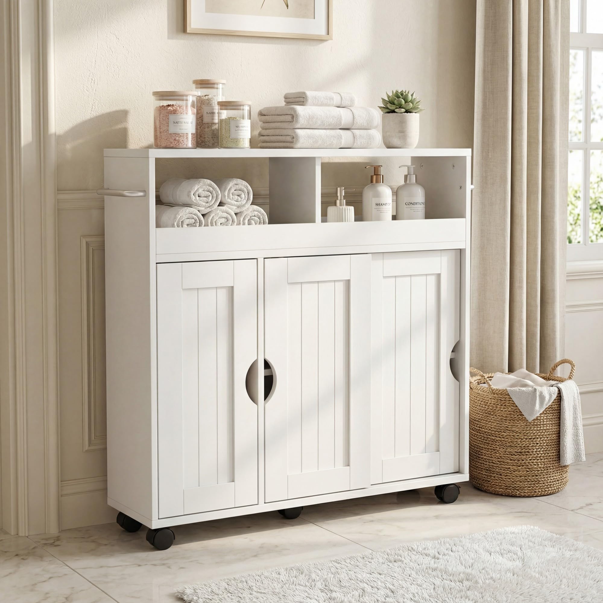 LIFEZEAL Nischenschrank, Badezimmerschrank schmal mit offenen Ablagen, Schrank & Schiebetüren, Nischenwagen mit verstellbarem Einlegeboden, Badrollwagen für Bad, Küche, 75 x 20 x 72 cm, Weiß