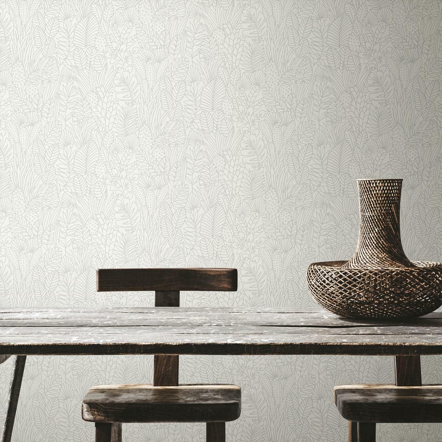 RoomMates RMK12047WP Beige and Gray Tropical Leaves Sketch Peel and Stick Wallpaper