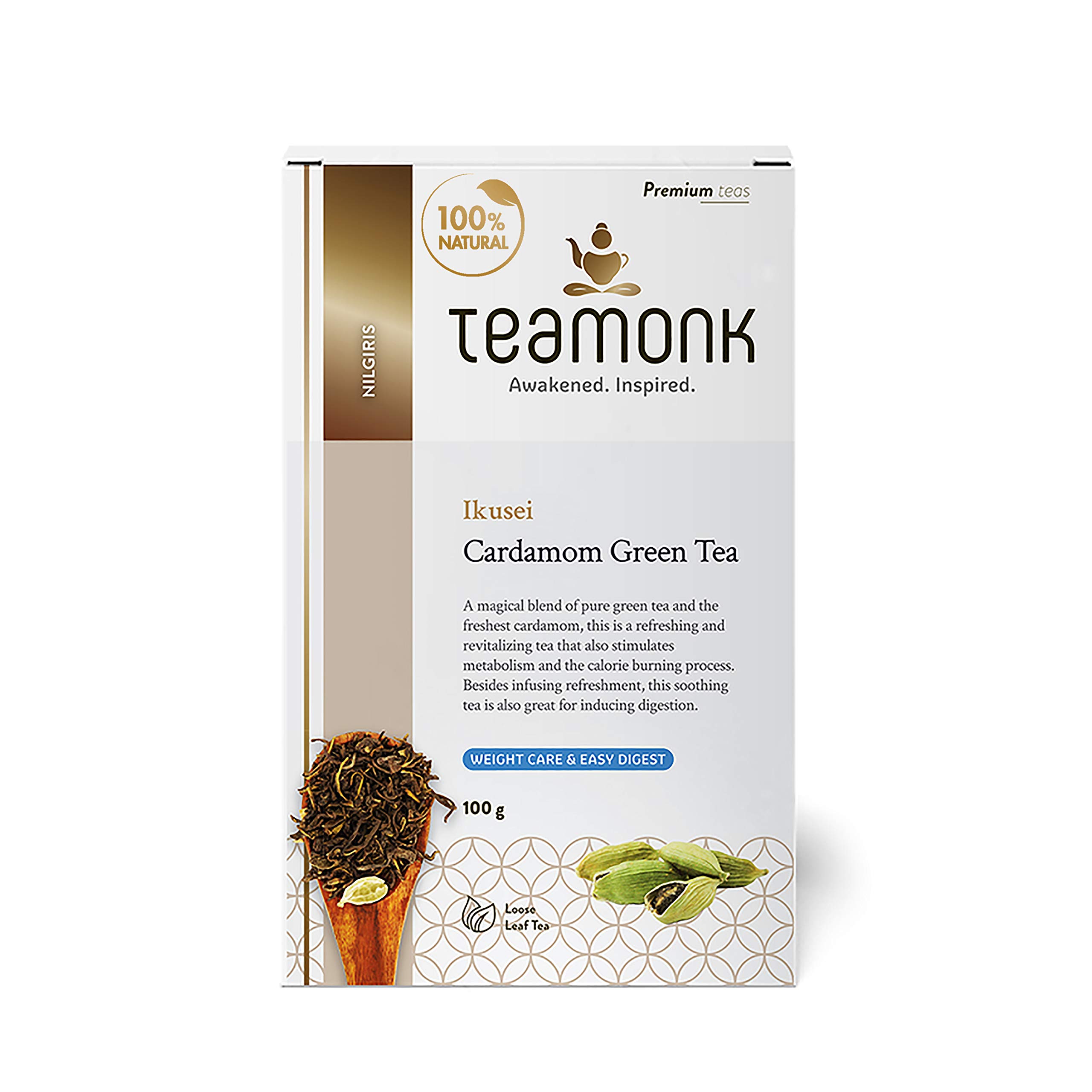 Nilgiri Cardamom Green Tea (50 Cups) - 100 gm Bag | 100% Natural Loose Leaf Tea with Natural Cardamom | No Additives. Whole Loose Leaves (No Powder)
