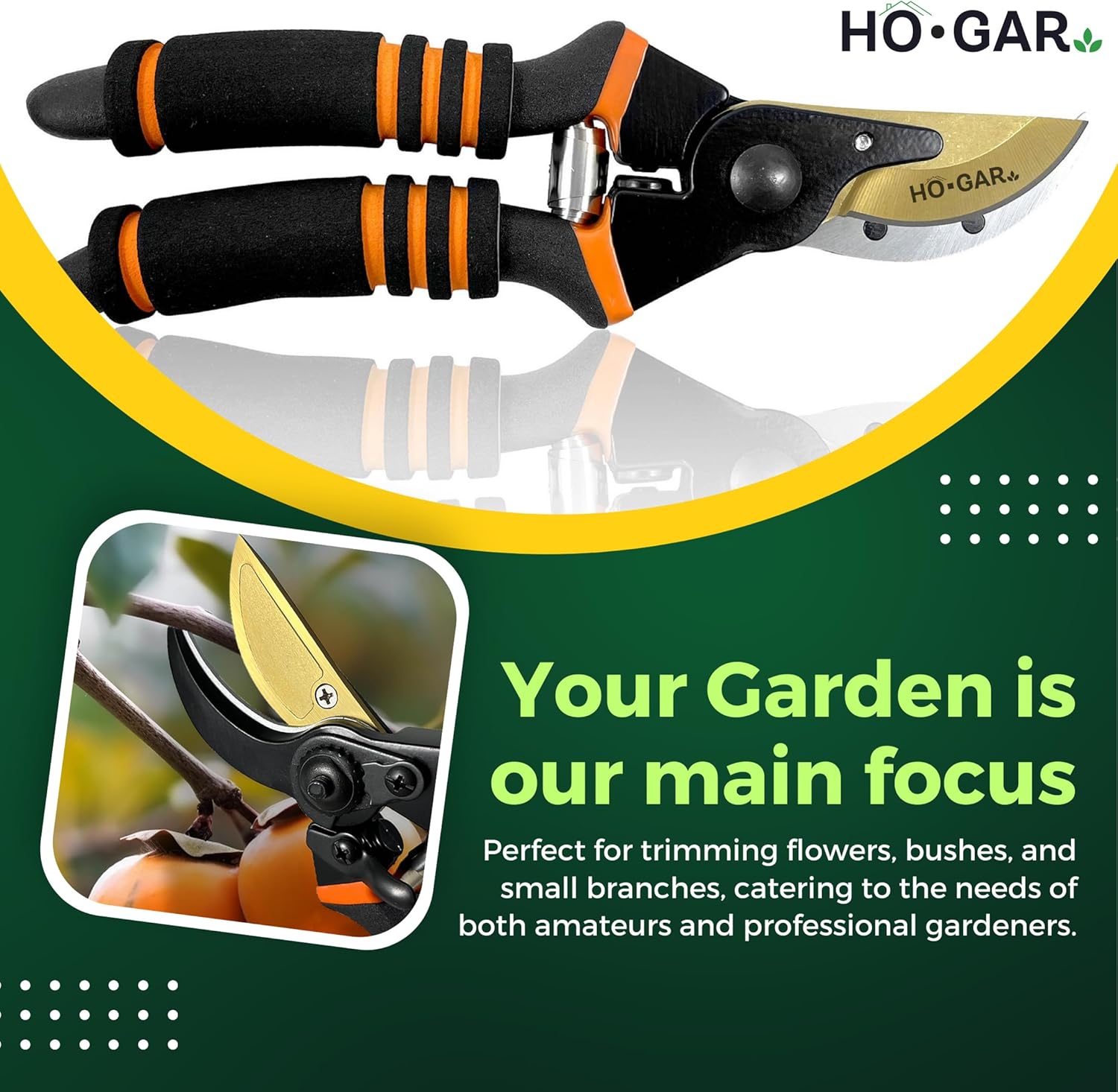 HO.GAR Premium Titanium Bypass Pruning Shears Kit: Heavy Duty Professional Hand Pruners, Gardening Scissors, Ergonomic Secateurs. Includes Blade and Spring Replacement + Pouch + Carabiner