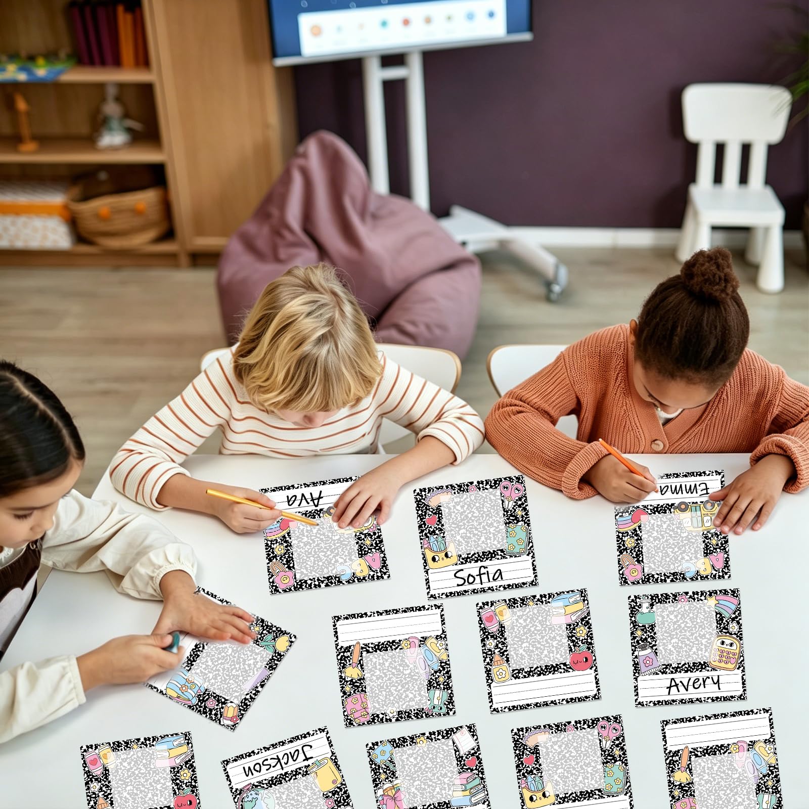 Lot de 54 étiquettes de nom autocollantes pour livre de composition, 12 x 11 cm, étiquettes autocollantes avec photo pour la rentrée scolaire, les bacs de bureau, les cubbies