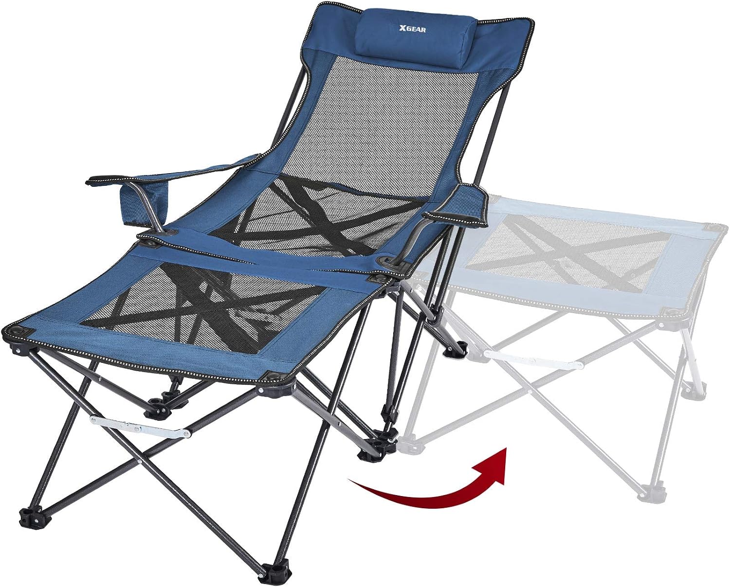 Xgear 2 in 1 Camping Chair with Footrest Recliner Folding Chaise Lounge Chair (Footrest Can Transform to Side Table) Very Stable, for Fishing, Beach, Picnics (Navy Blue)