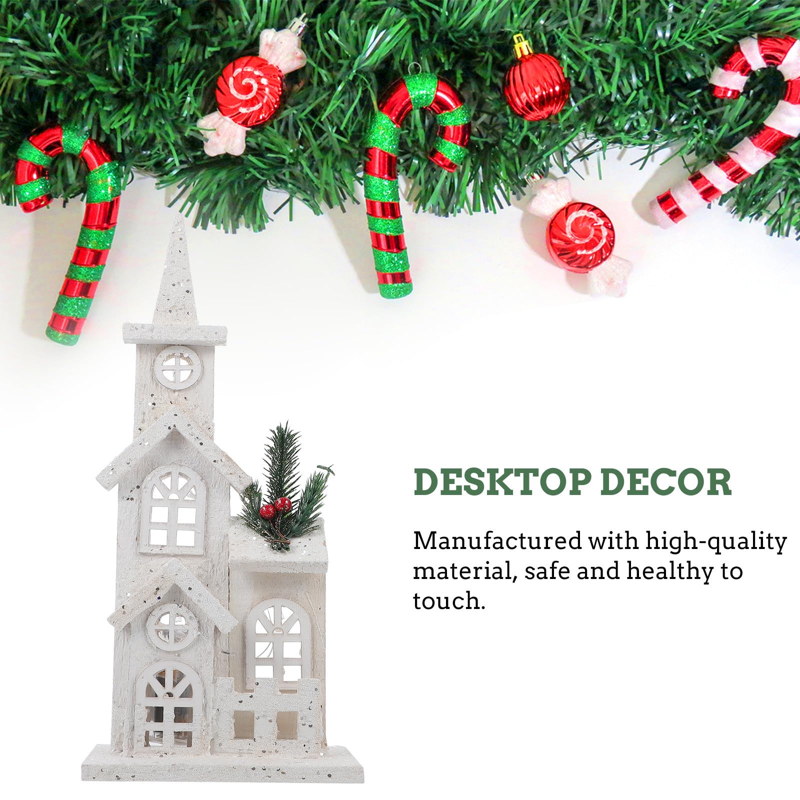 Angoily Maison de village de Noël en bois, maison lumineuse à LED pour décoration de bureau de Noël, décoration de vacances, 38,1 cm de haut