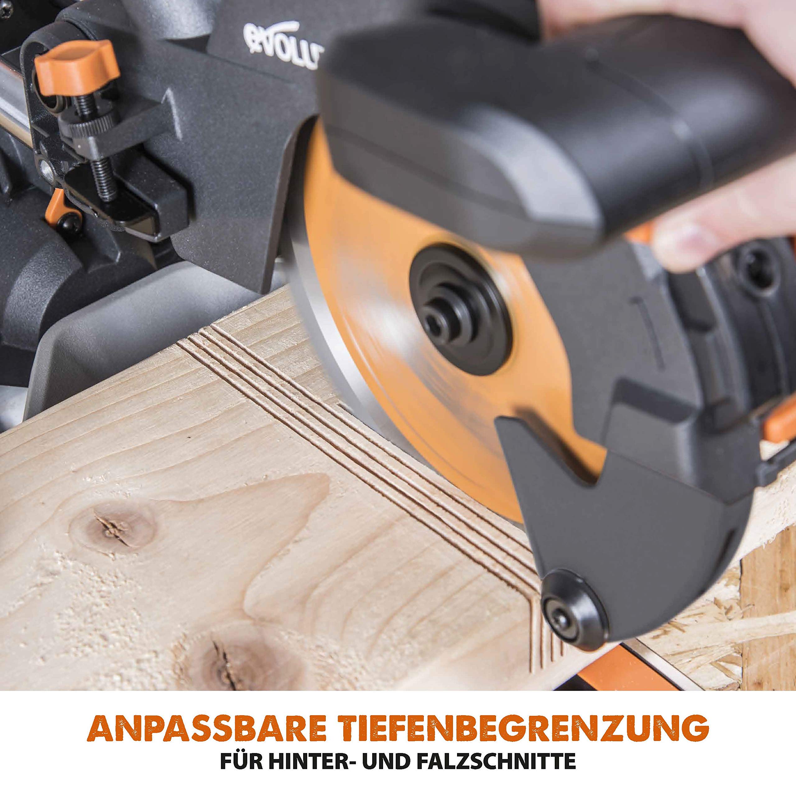 Evolution Schiebe-Kapp- und Gehrungssäge R210SMS+ | 1500 W, 230 mm Gleitfunktionalität, Schrägschnitt, Gehrungswinkeln | Ø 210 mm HM / TCT Sägeblatt für Multimaterialschnitt | Zug-kapp-gehrungssäge