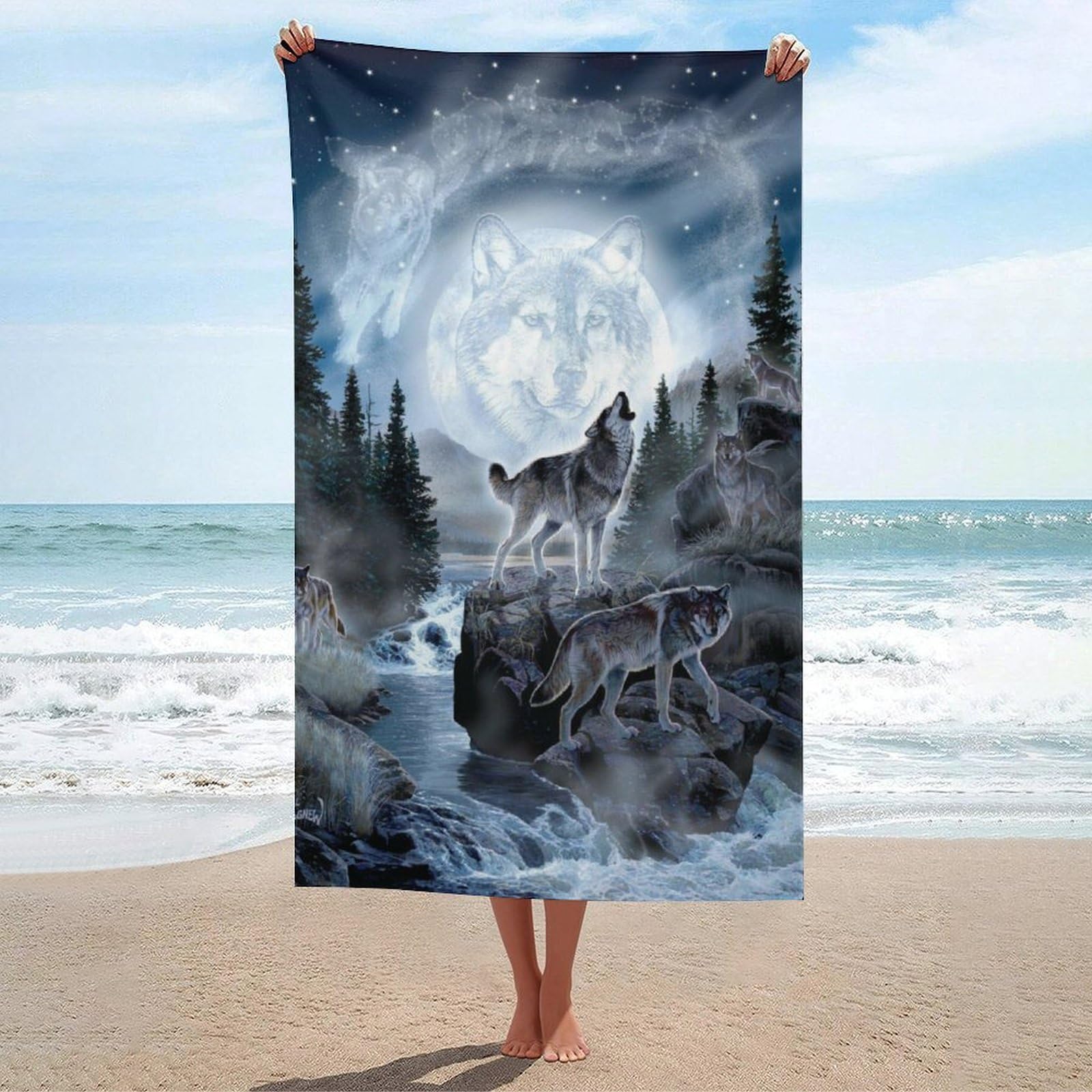 LEDFCVSU Beach Towel, Moon Wolf Bath Towel, Absorbent Towel for Swimming, Sports, Travel