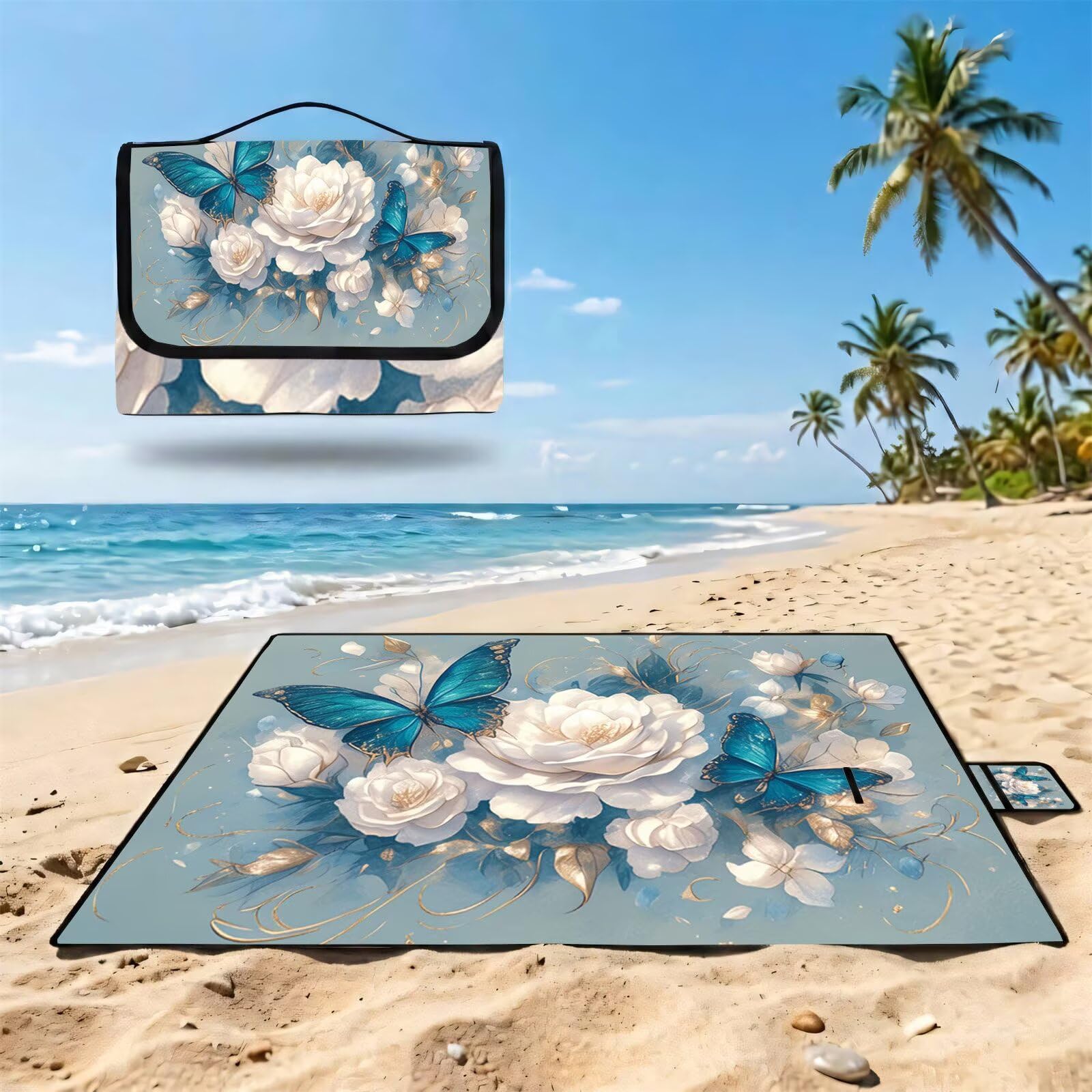 Couverture Pique Nique Grande 200x300cm,Outdoor Couverture Imperméable,Pliable Tapis de Plage Dos en PVC,Picnic Blanket pour Camping Accessoires,Jardin,Parc,Famille - Papillons,Fleurs (2) UZ-989