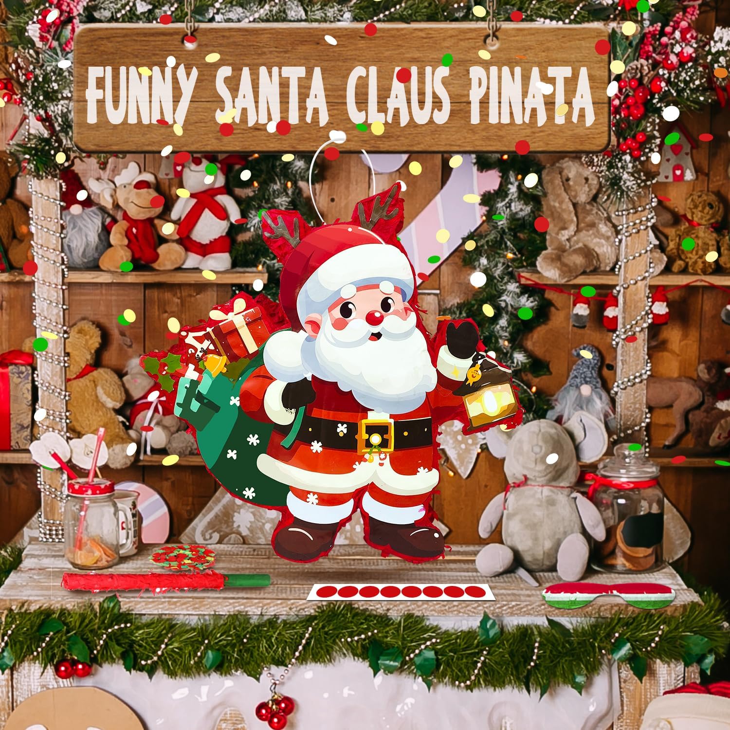 Santa Claus Piata Bundle, 13.3'' Pinata & Stick Blindfold for Christmas Party Games & Decorations