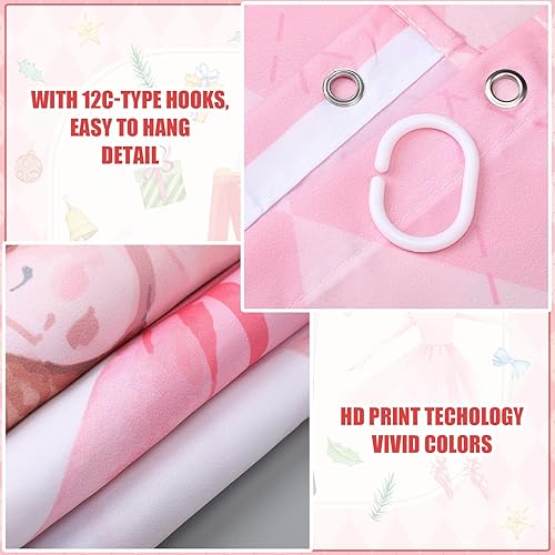 Miniatura 6 de Preboun Juego de cortina de ducha de Navidad rosa de 72 x 72 pulgadas, cortina de baño para fiestas de invierno con 12 ganchos, alfombra