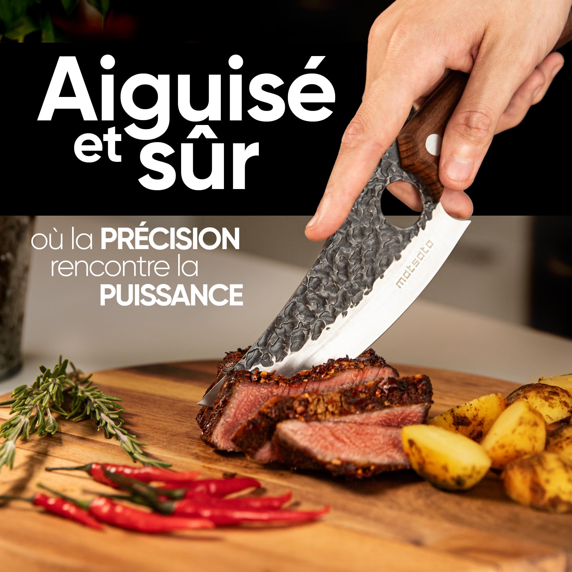 Matsato Couteau de Cuisine Japonais en Acier avec Étui en Cuir. Couteau Professionnel de 15,7 cm, Couteaux de Cuisine