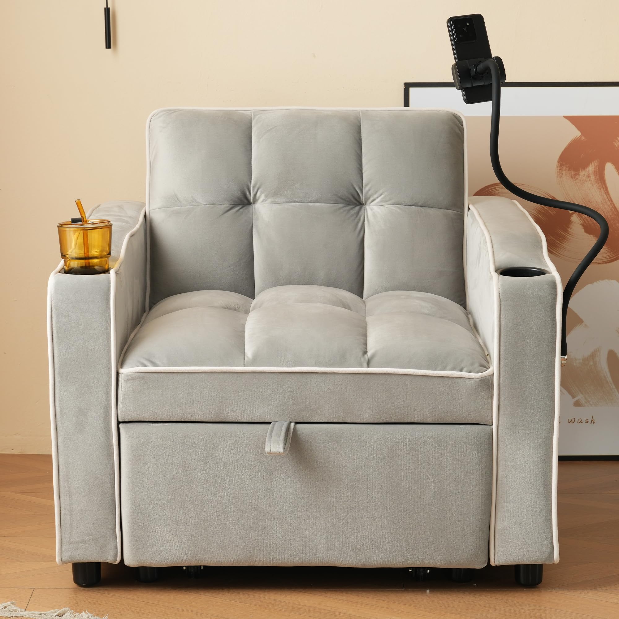 Sofá cama individual extraíble 3 en 1 – Con portavasos y soporte para celular, sofá-tumbona, silla cama, sillón, perfecto para espacios reducidos, 83*167*76 cm (Gris antiguo blanco)