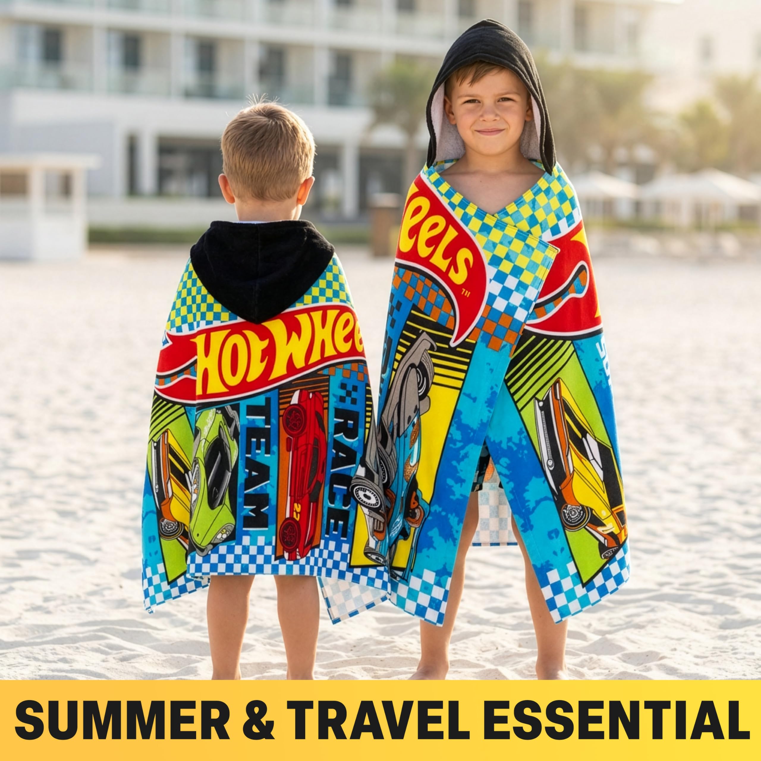 Hot Wheels Incappucciato Asciugamani Bambino, Cotone Bagno e Asciugamano Mare, Morbido e Assorbente Asciugamani Bambini con Cappuccio, Accessori da Viaggio, Regalo Bambino (Multi Hot Wheels)