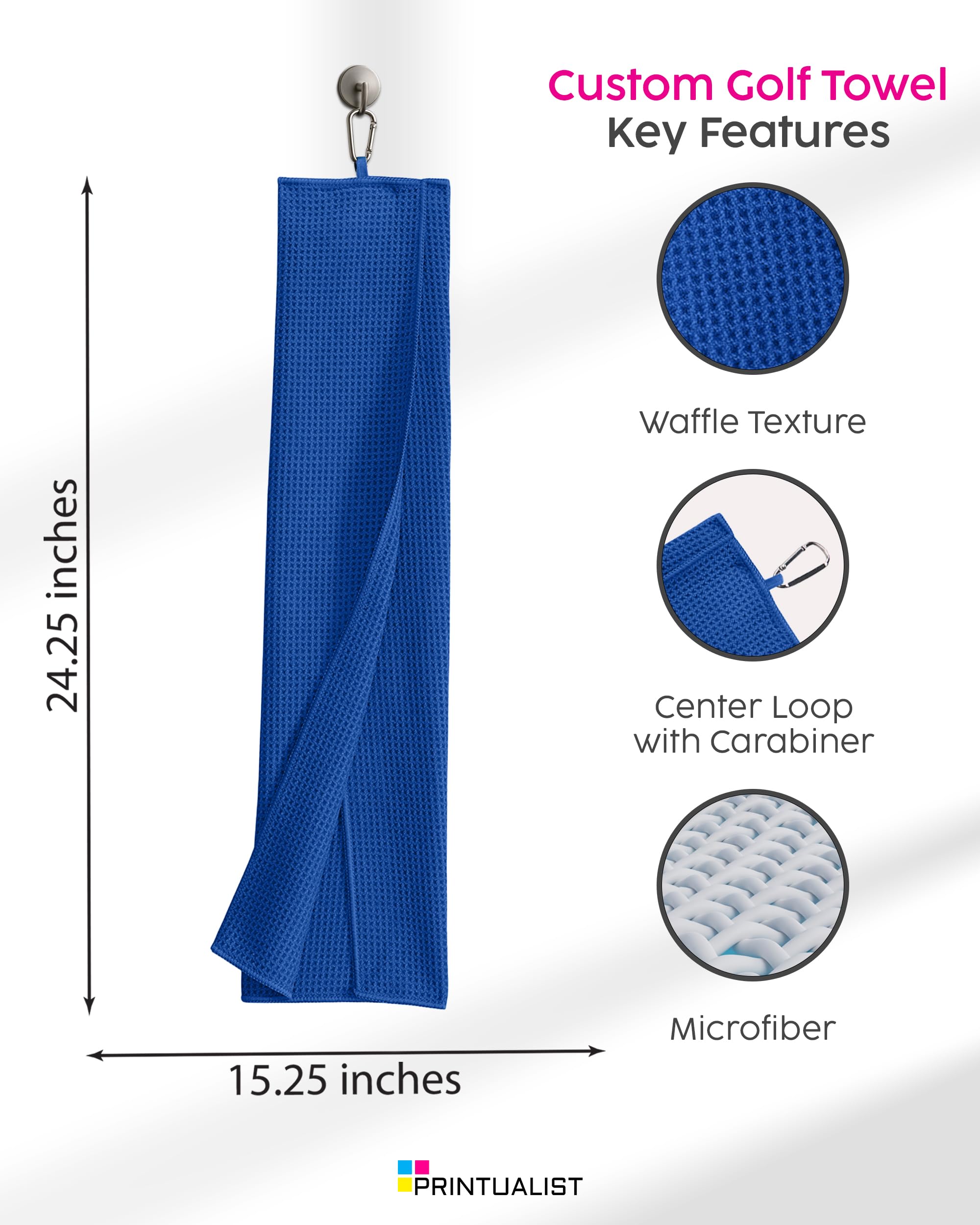 Custom Golf Towel for Golf Bags, Balls, Royal Blue - Add Your Embroidered Name - Personalized Trifold Golf Bag Towels with Clip, for Men and Women