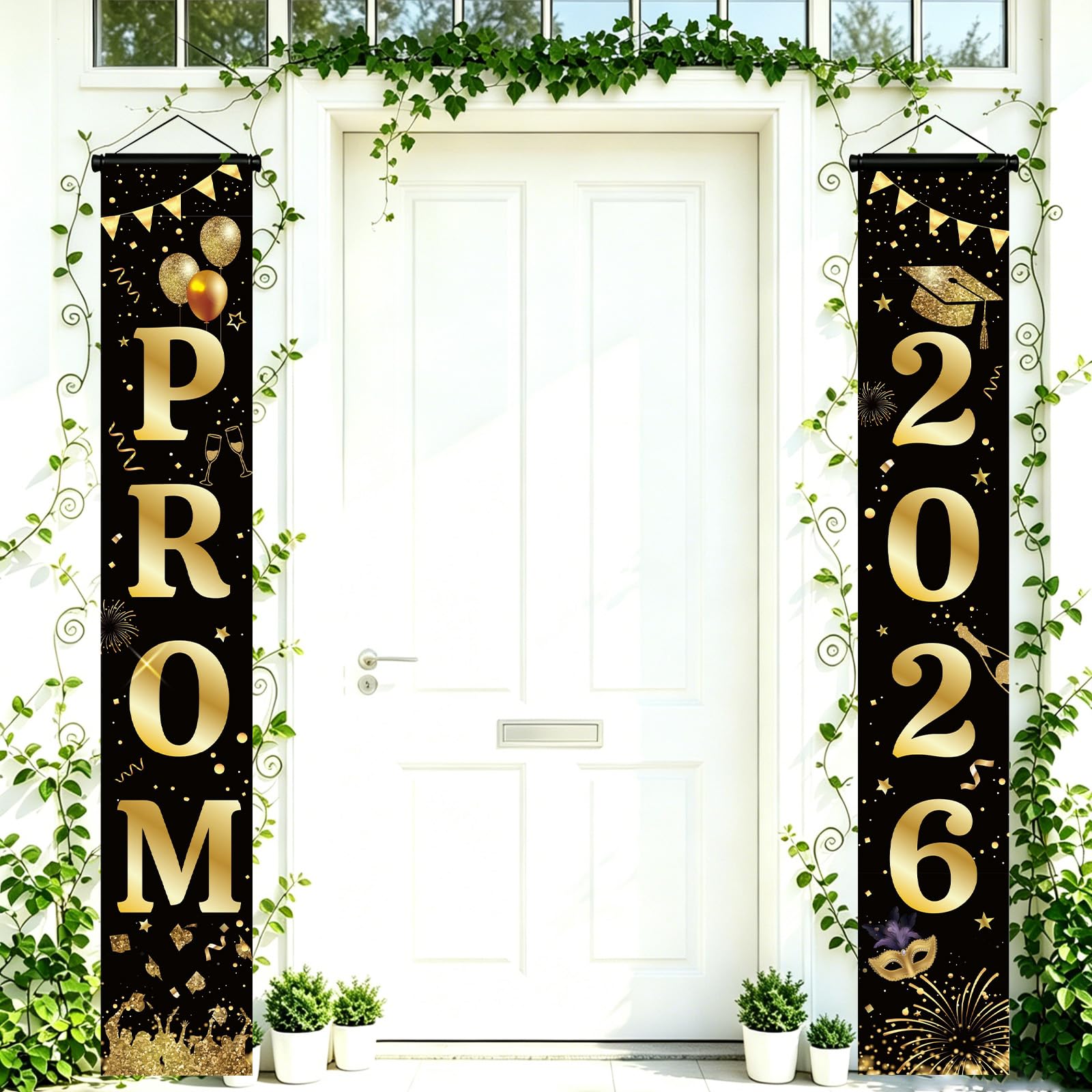 Prom Banner 2026 Prom Decorations, Black Gold Graduation Door Banners, Class of 2026 Graduation Banner Porch Banners for Party Decorations, College High School Porch Sign for Indoor Outdoor