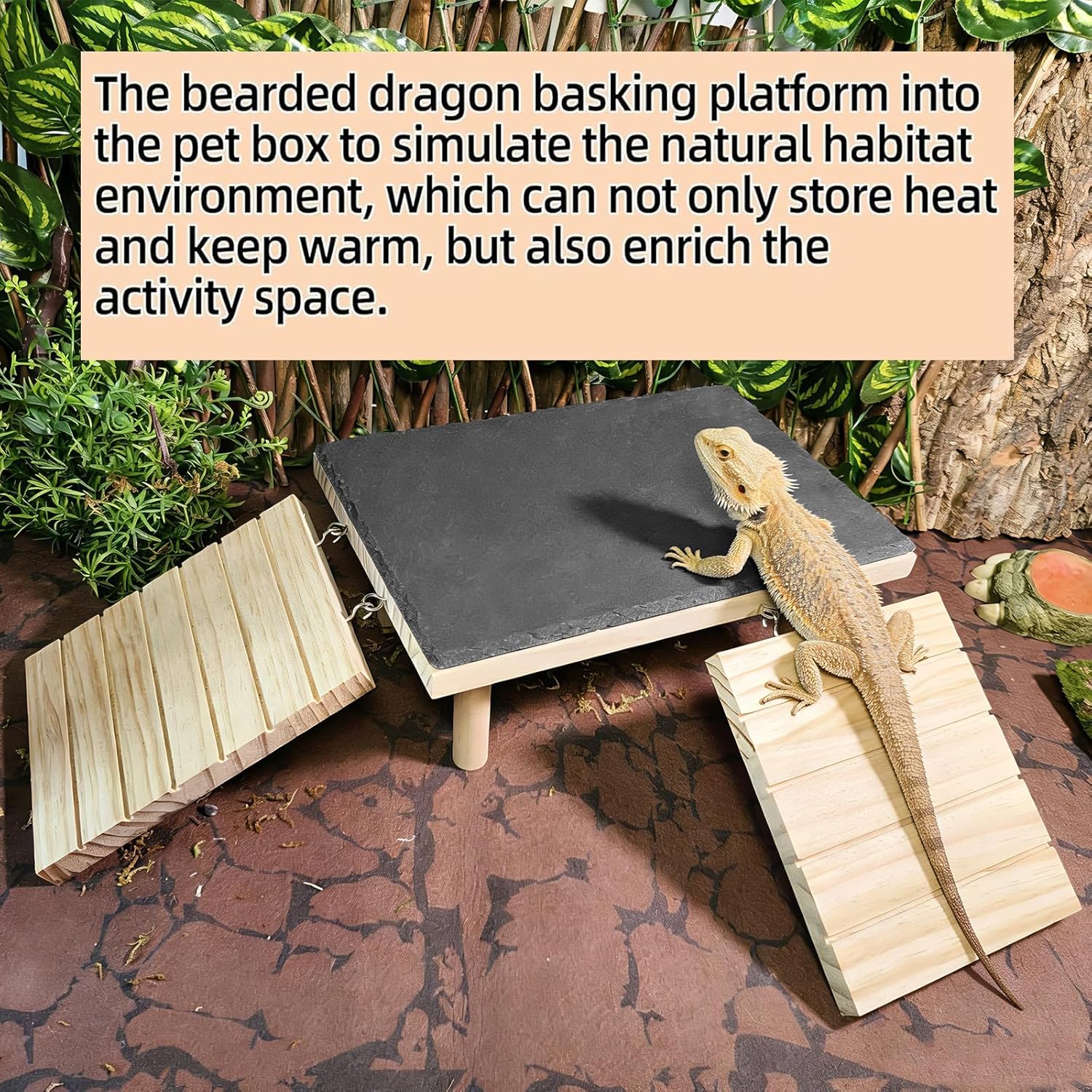 Bearded Dragon Basking Platform,Wooden Reptile Cave Hideout with Heat Storage Slate Stone,Leopard Gecko Climbing Cave Platform with Ramp for Gecko,Snake,Lizard,Turtle(7.9×11.8×3.9IN)