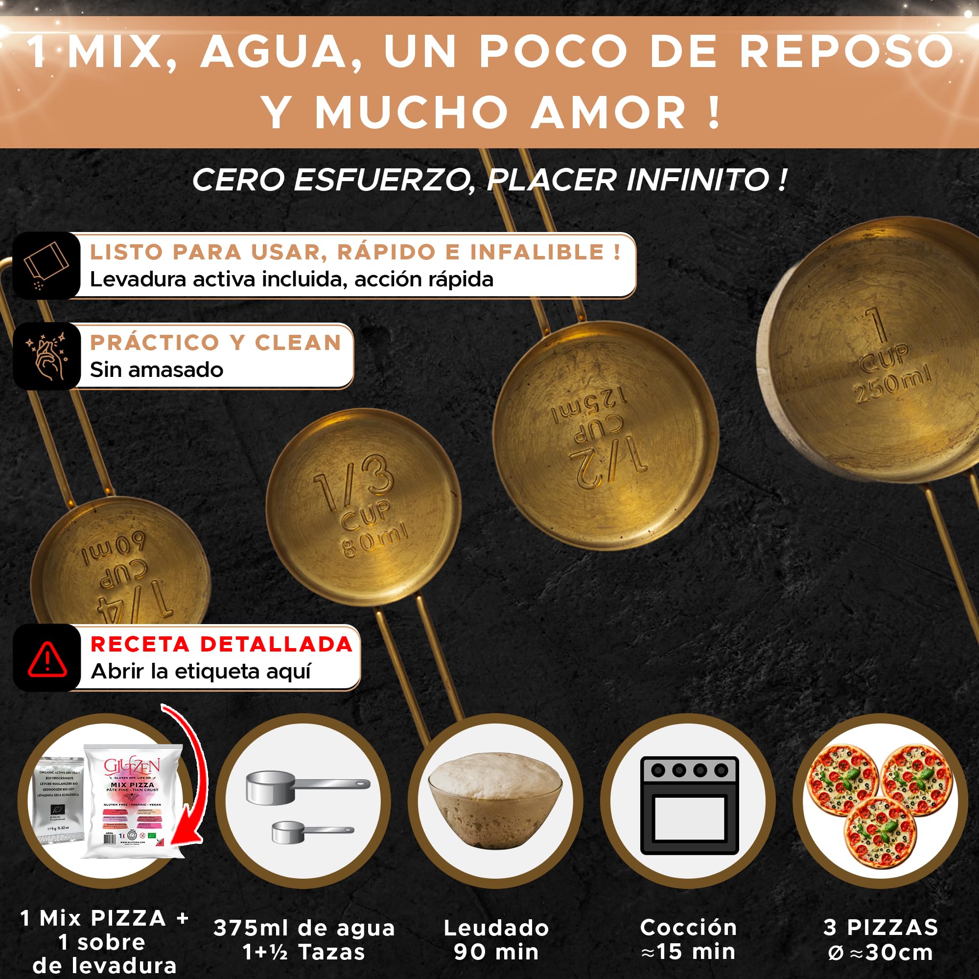 GLUTZEN Pizza Sin Gluten Bio Mix Masa Fina y Crujiente Base Sin Amasado Levadura Incluida Harinas Vegano FODMAP