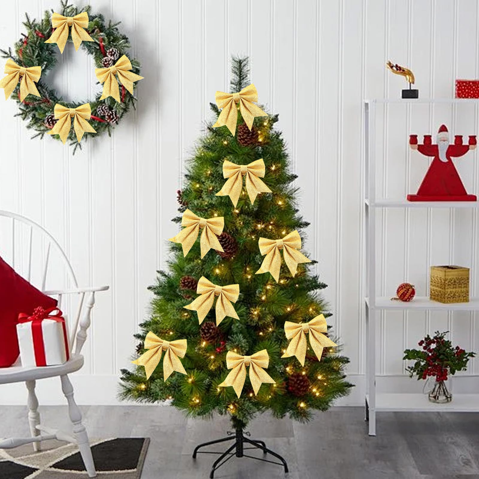 Lazos de Navidad dorados champán con lentejuelas para decoración de árbol de Navidad