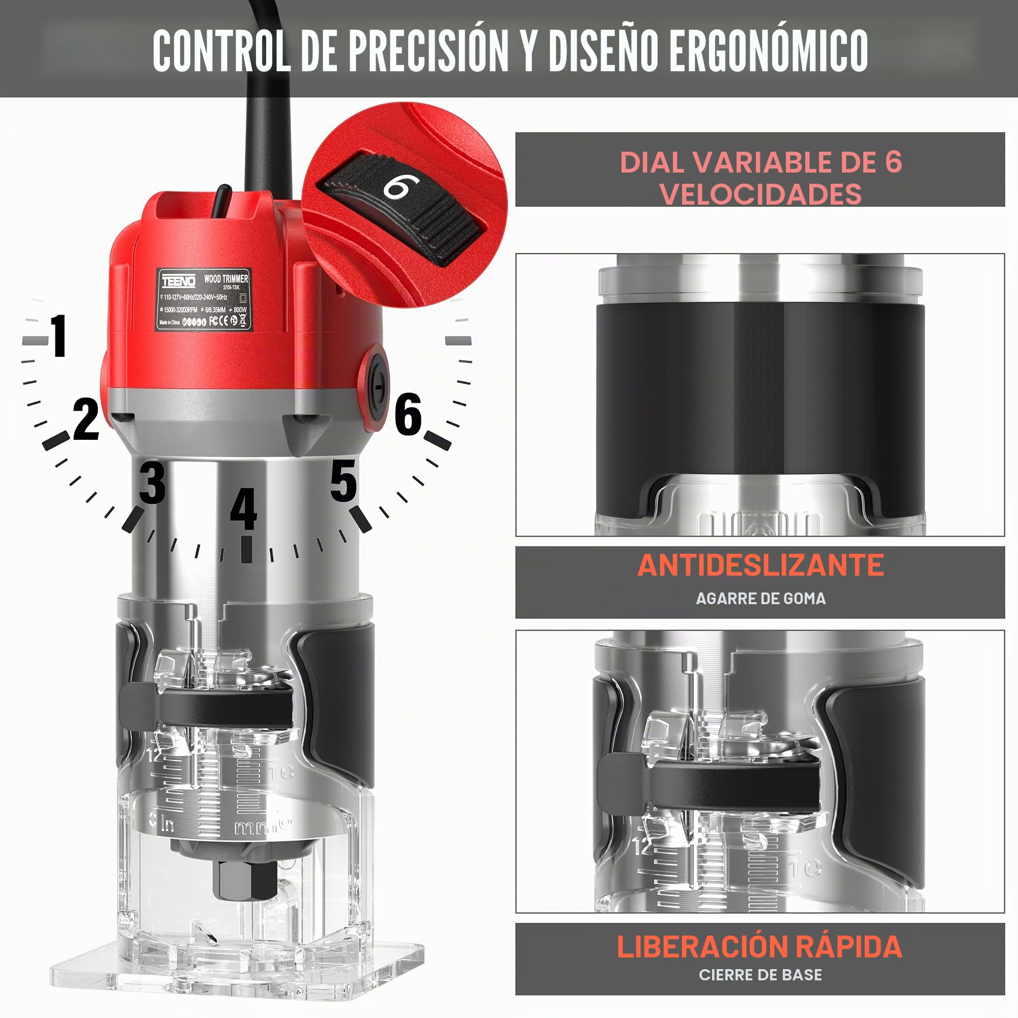 TEENO Fresadora De Madera Rebajadora Eléctrica 800W 15000-32000 RPM Con 32 Accesorios,15 piezas 1/4'' Alicates, 6 Velocidades Variables, Pinza De Base Fija De 6/6.35 MM, Estuche de Transporte