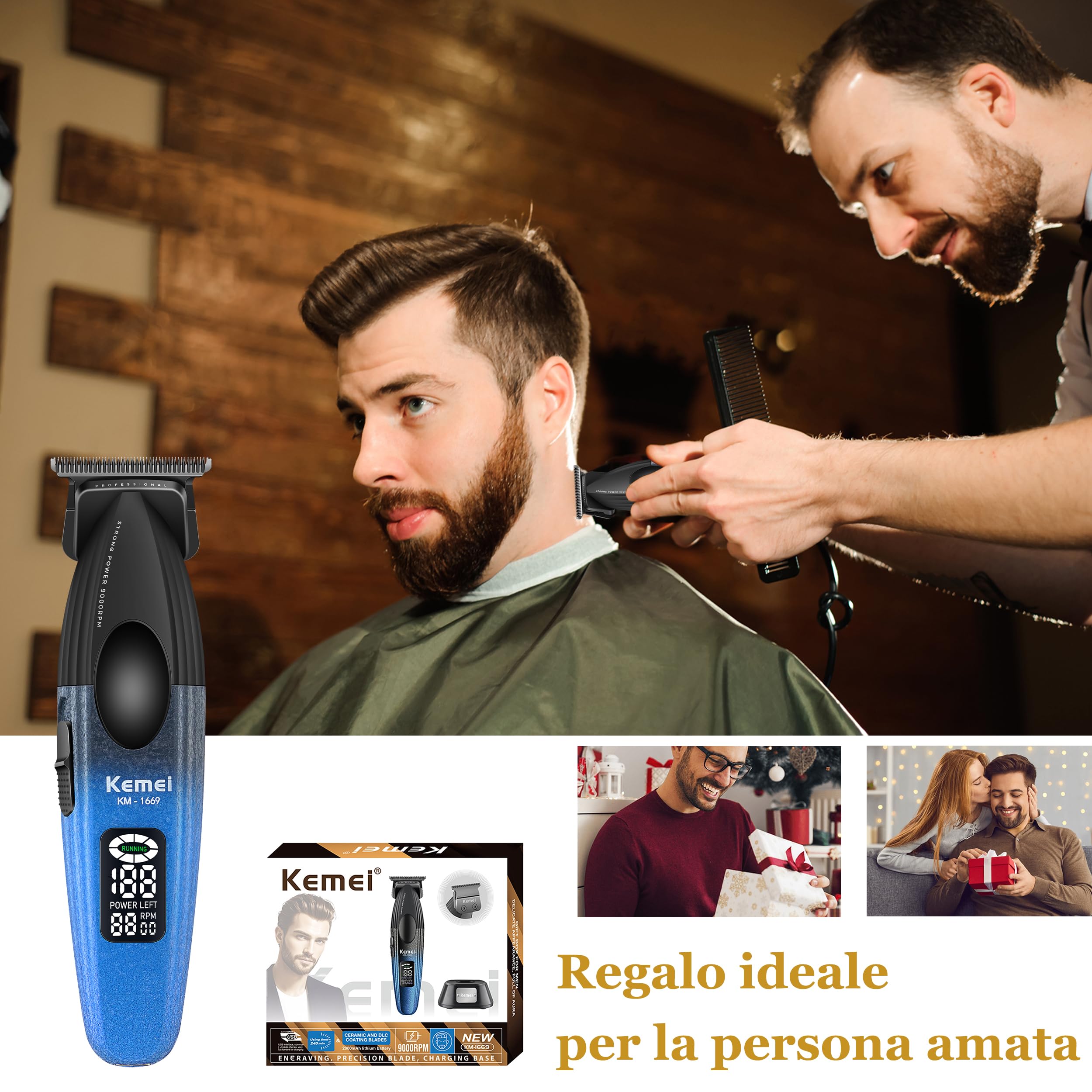 KEMEI 1669 - Regolabarba da uomo, senza fili, con display a LED, 9000 giri/min, per barbiere con base di ricarica, lama a T rivestita in DLC