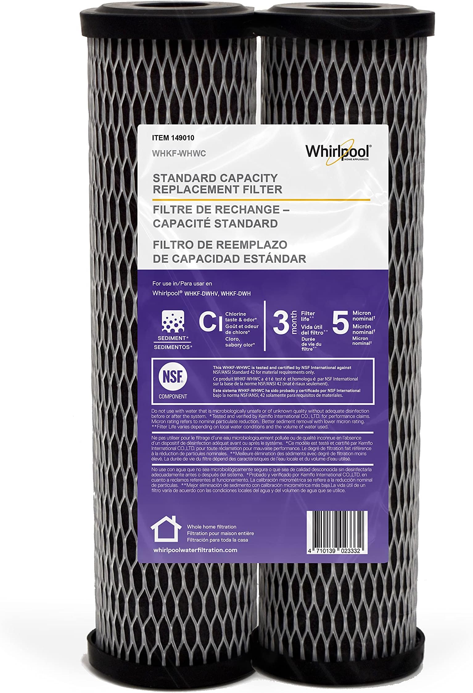 Whirlpool 5-Micron 10 x 2.5 inch CTO Replacement Water Filter WHKF-WHWC, Carbon Wrap Cartridge Reduces Chlorine Taste & Odor, NSF Certified for Whole House Sediment and Drinking Filtration System