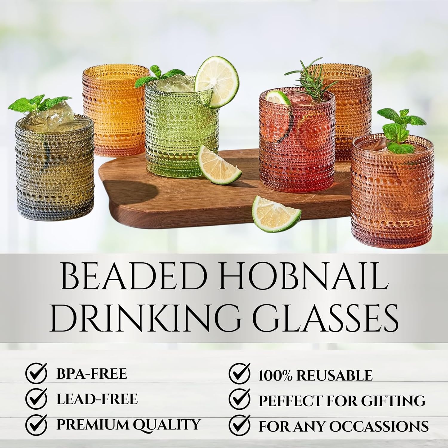 Khen Shades of Fall Hobnail Beaded Highball Drinking Tumbler Glasses | Set of 6 | 11 Ounces | Vintage Bubble Design Whiskey Glassware, Old-Fashioned, Embossed Design for Water, Wine, Cocktail