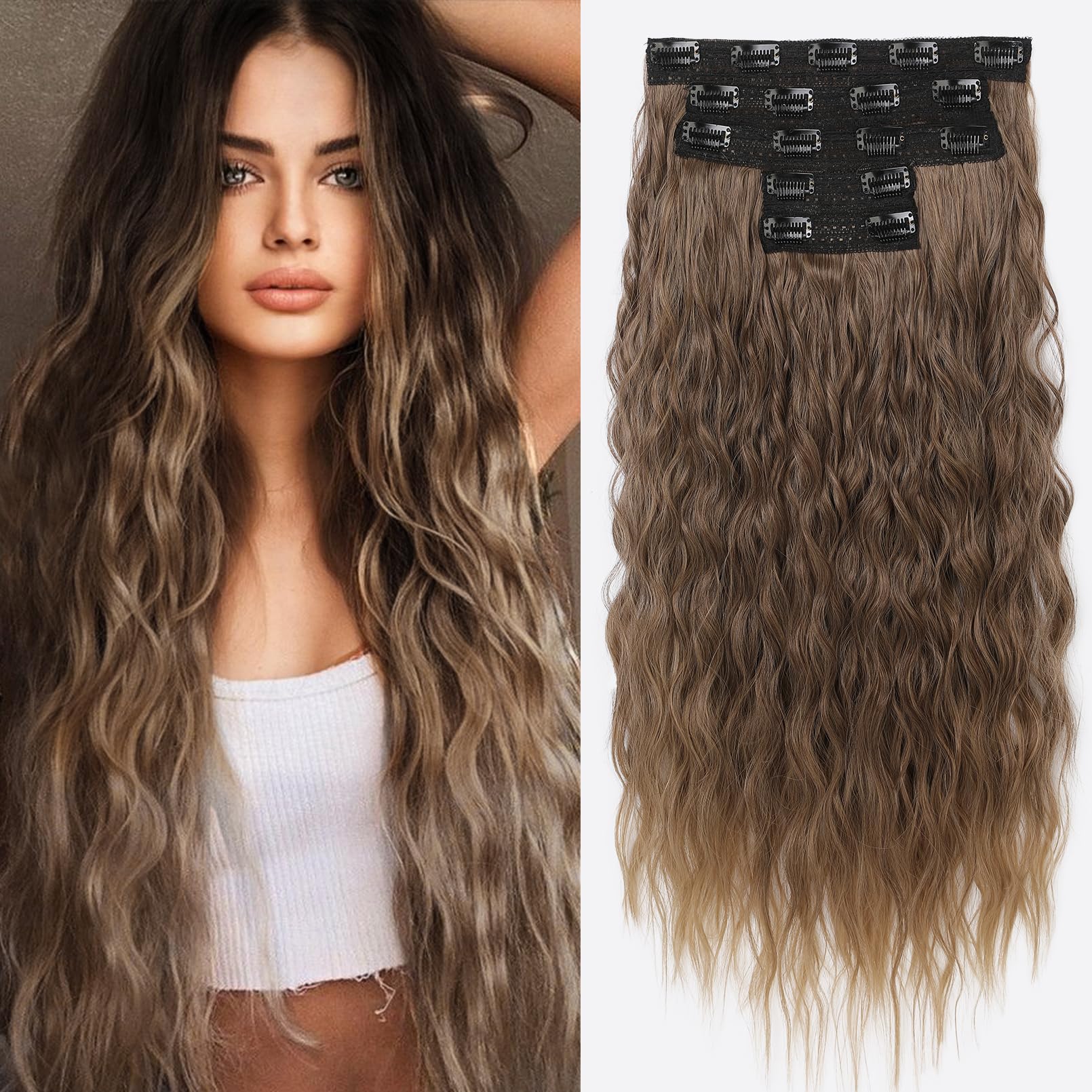 REECHO Clip in Hair Extensions, 5PCS Ash Blonde Hair Extensions 24" Thick Long Loose Waves hair extensions HE002 Invisible Lace Weft – Dark Ash Blonde