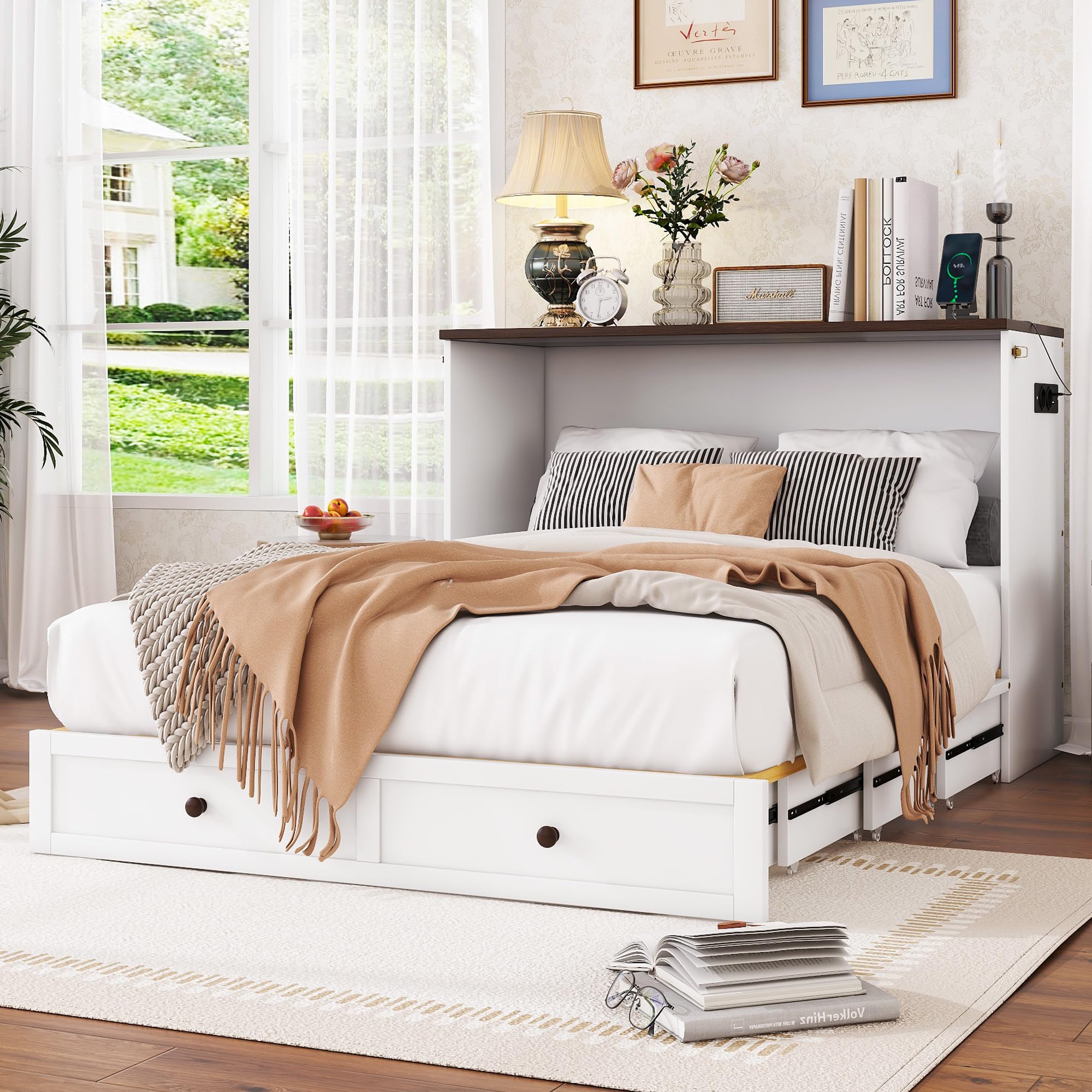 NovaFurnish Schrankbett, 140x200, Mobiles Schrankbett mit Schubladen am Bettende und Regal am Kopfende des Bettes, mit USB und Steckdose, Umbaubares Plattformbett, Ohne Matratze, weiß Küche, Haushalt & Wohnen
