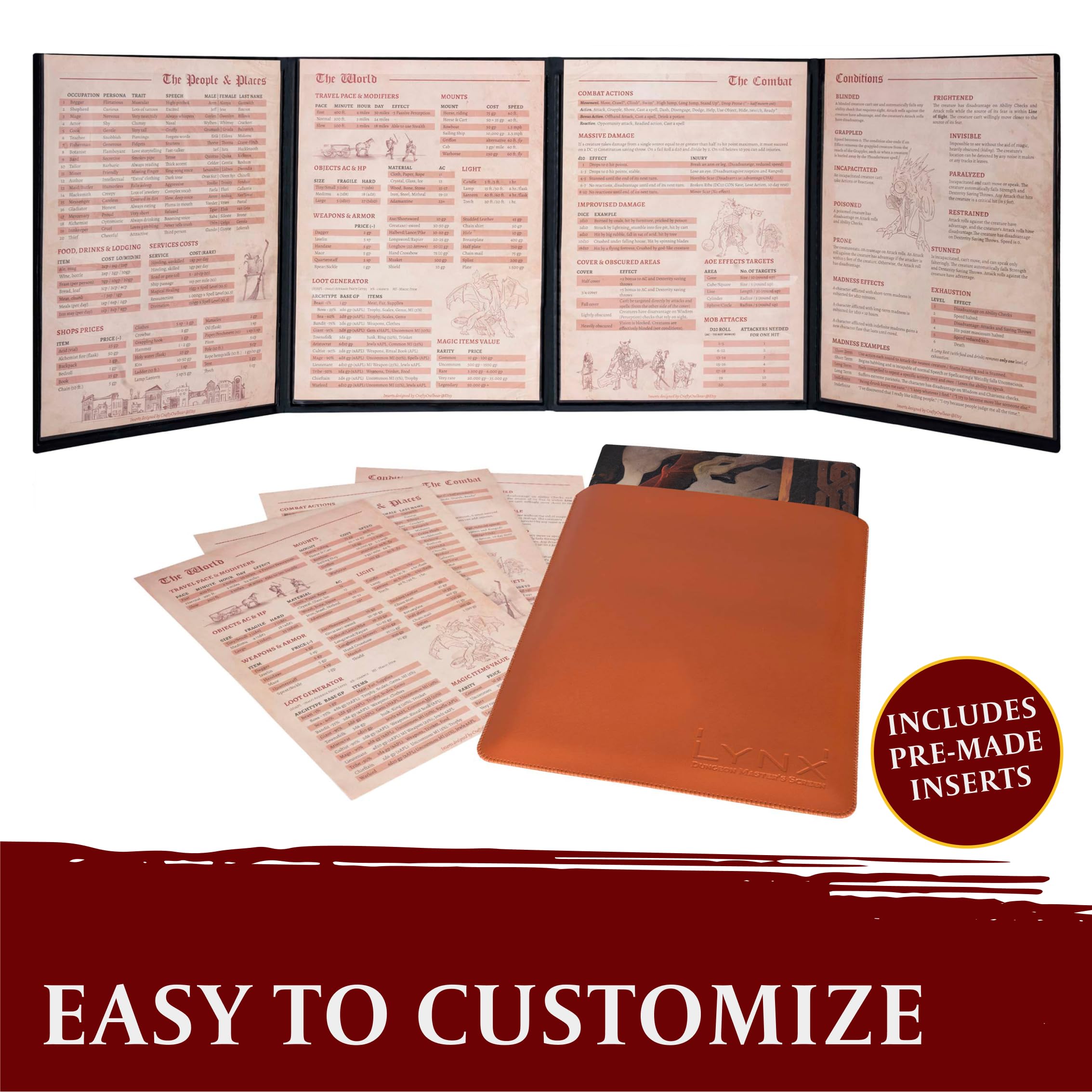 DND DM Screen 5e - D&D Dungeon Master Screen 3D sztuczna skóra z konfigurowalnymi wkładkami - Dungeons and Dragons GM / Game Master akcesoria jako prezent dla mężczyzny lub kobiety. Ukryj swoje rzuty